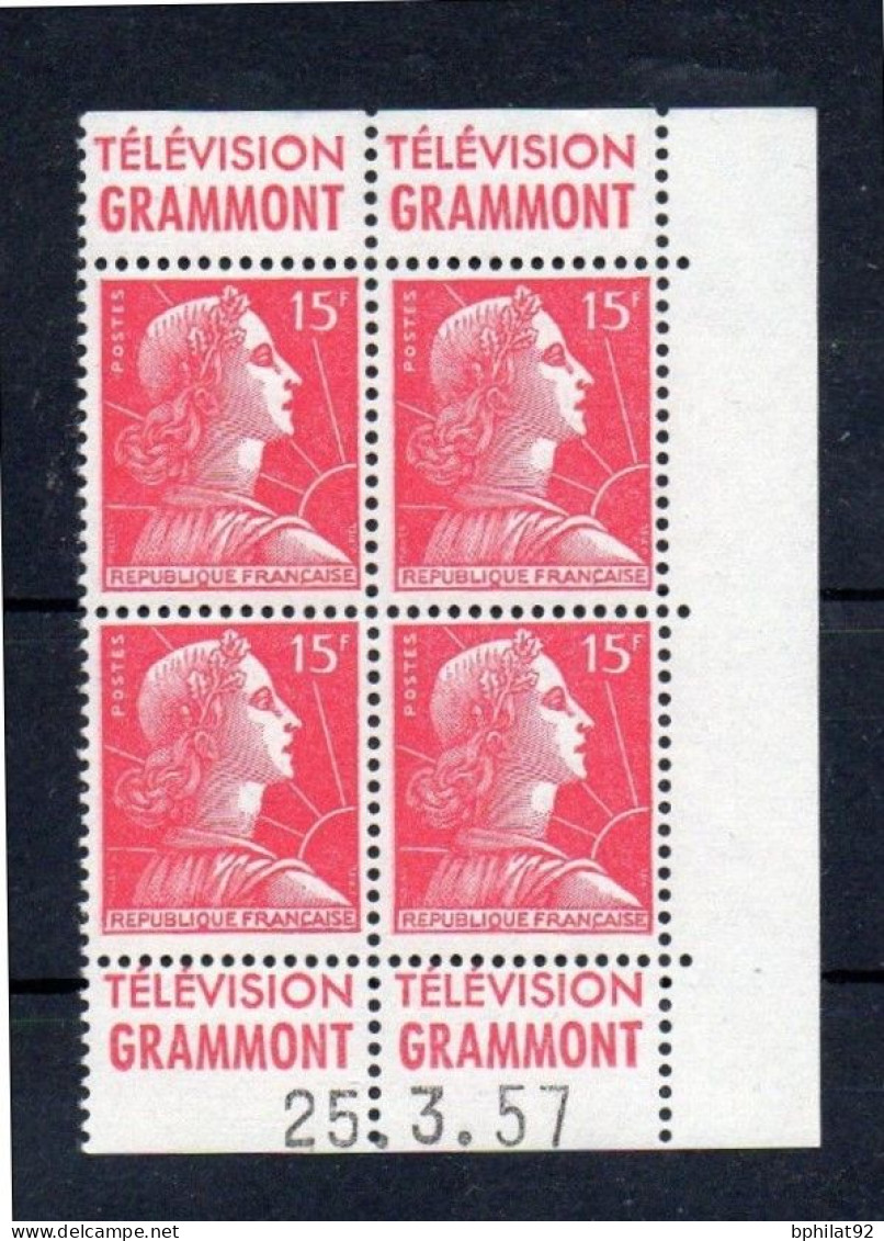 !!! 15 F MARIANNE DE MULLER BLOC DE 4 AVEC PUBS TELEVISION GRAMMONT ET COIN DATE NEUF ** - 1950-1959