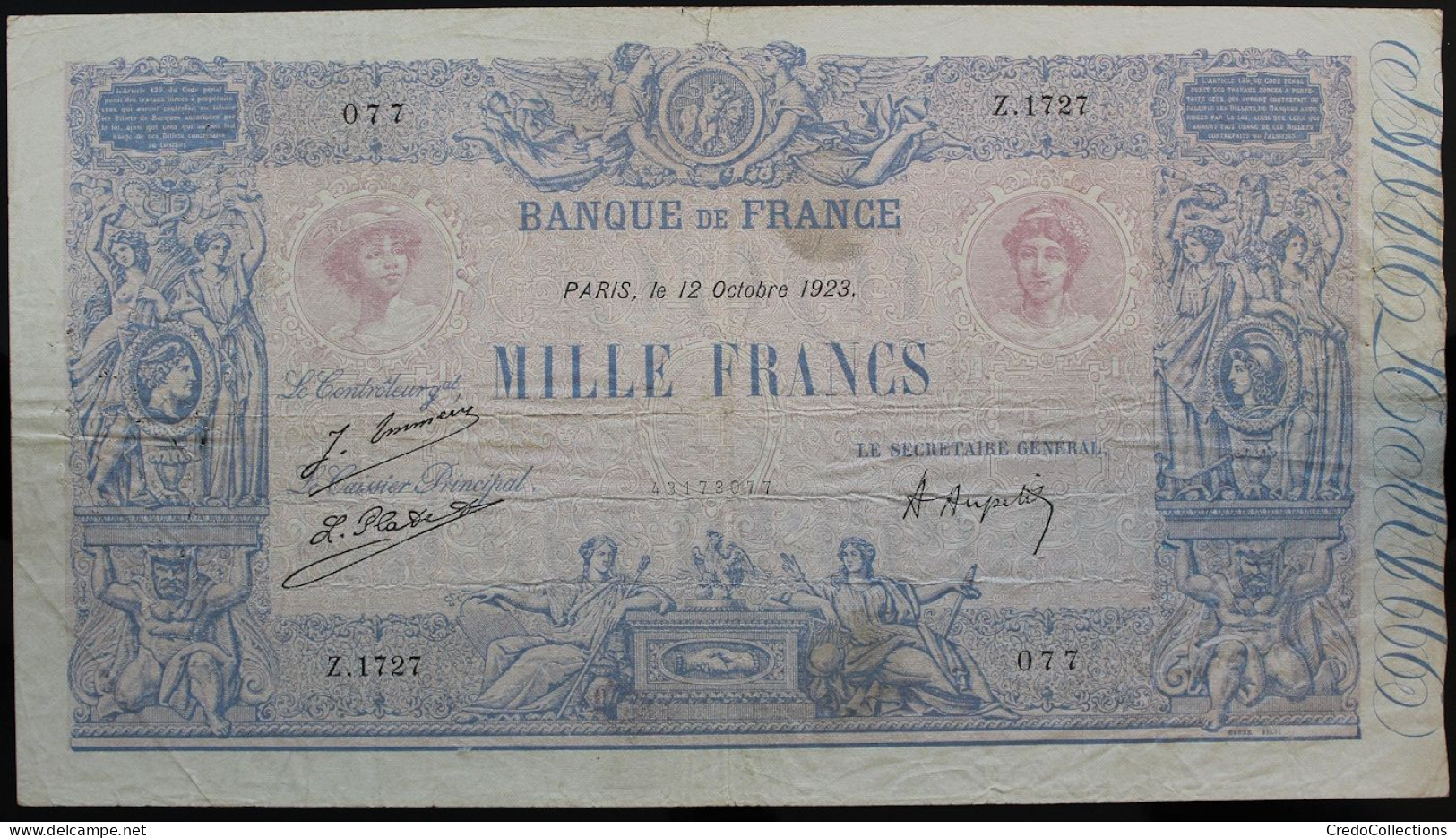 France - 1000 Francs - 12-10-1923 - PICK 67j / F36.39 - TB - 1 000 F 1889-1926 ''Bleu Et Rose''