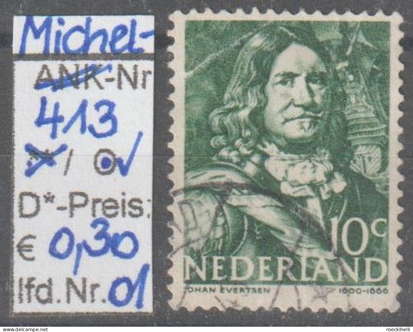 1943 - NIEDERLANDE - FM/DM "Seehelden - Jan Evertsen" 10 C Dkl'grün - O Gestempelt - S. Scan (413o 01-02 Nl) - Gebruikt