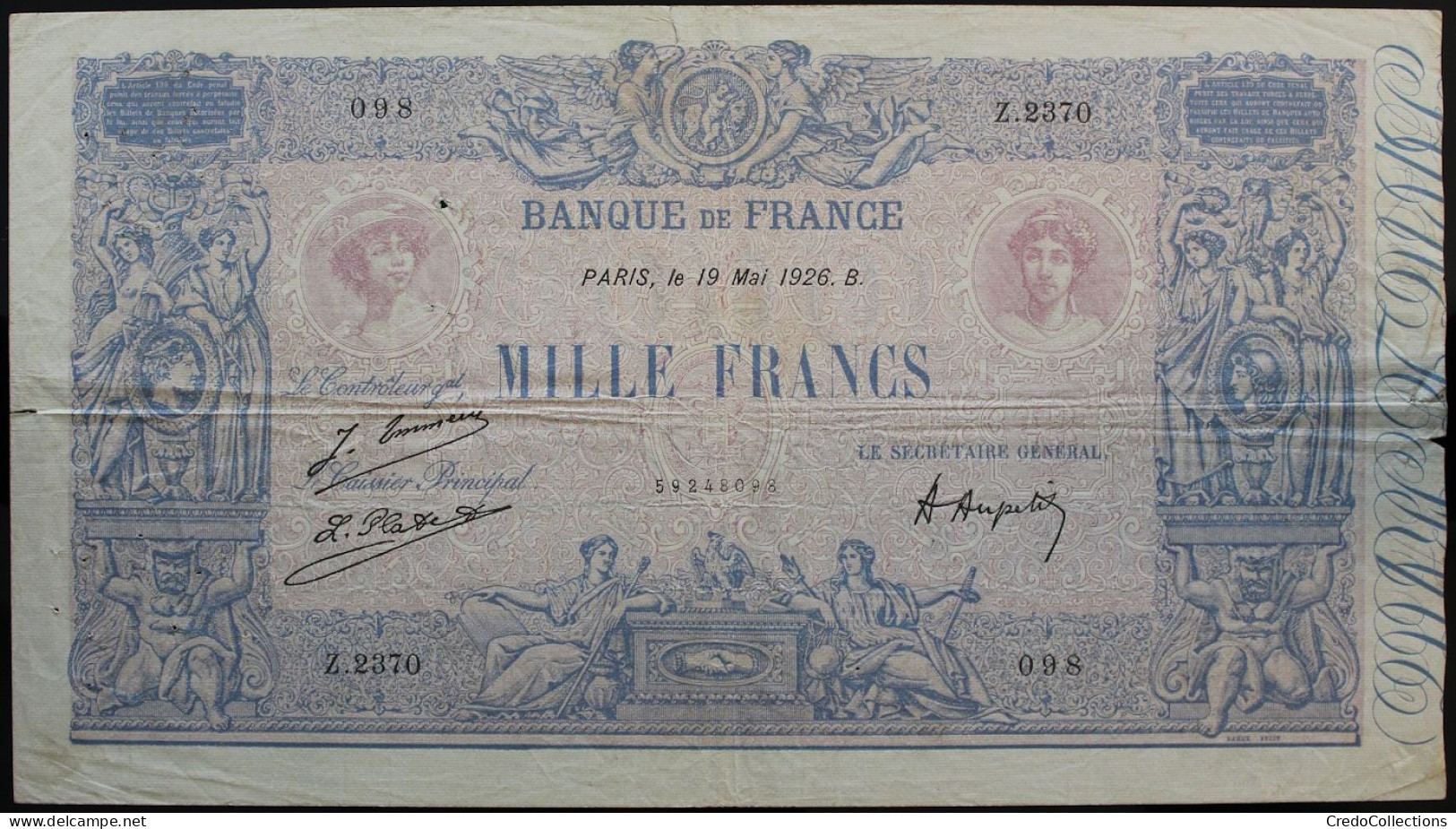 France - 1000 Francs - 19-5-1926 - PICK 67j / F36.42 - TB - 1 000 F 1889-1926 ''Bleu Et Rose''