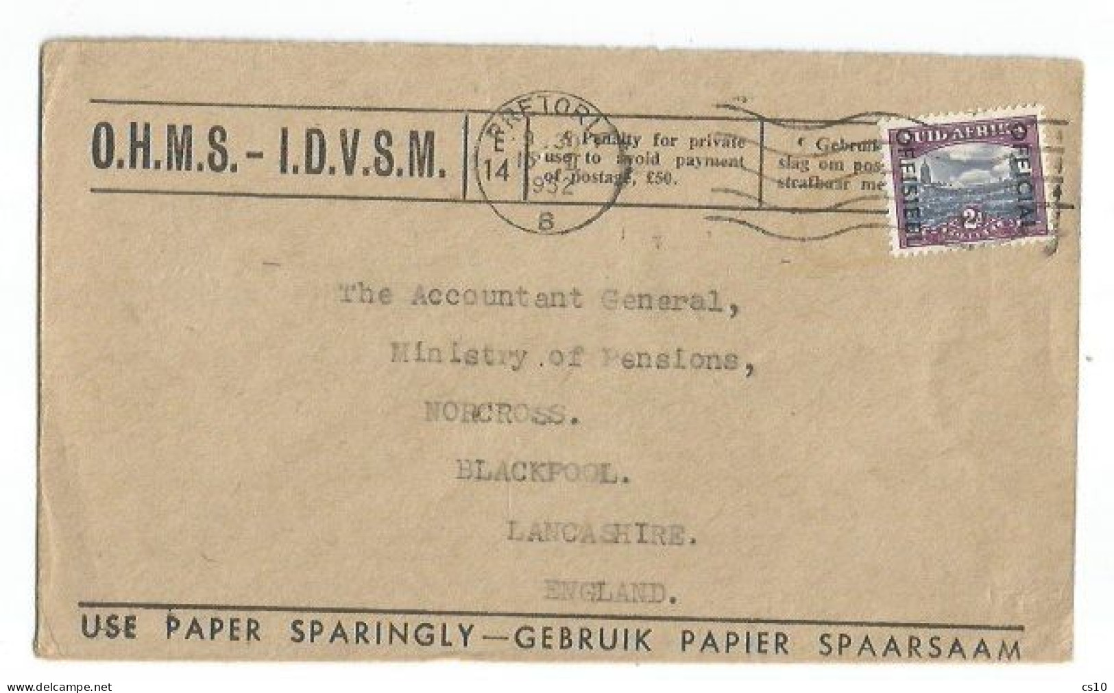 South Africa Official Service OHMS Cover Pretoria 15feb1952 X UK With Service D.2 Overprinted - Service