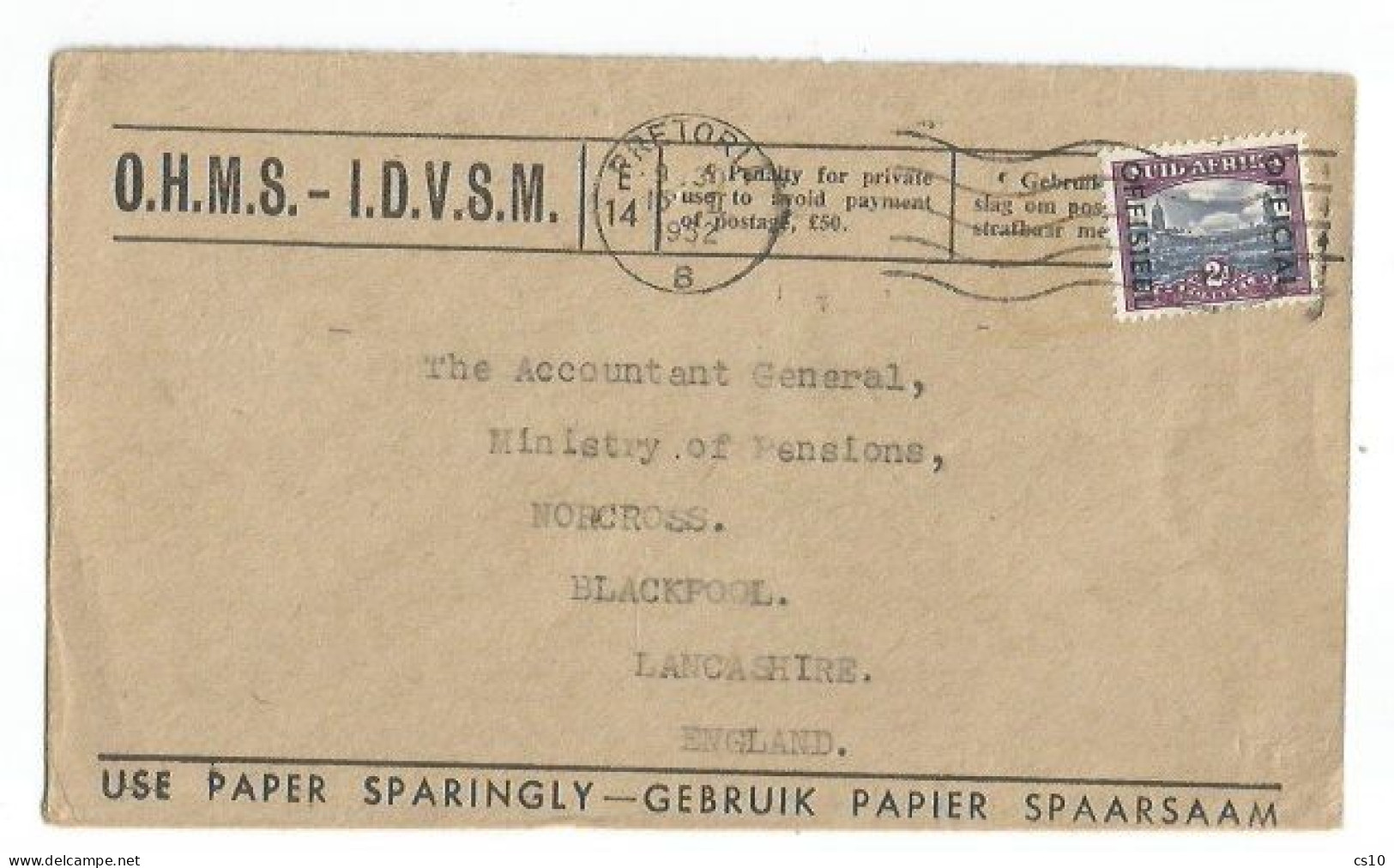 South Africa Official Service OHMS Cover Pretoria 15feb1952 X UK With Service D.2 Overprinted - Timbres De Service