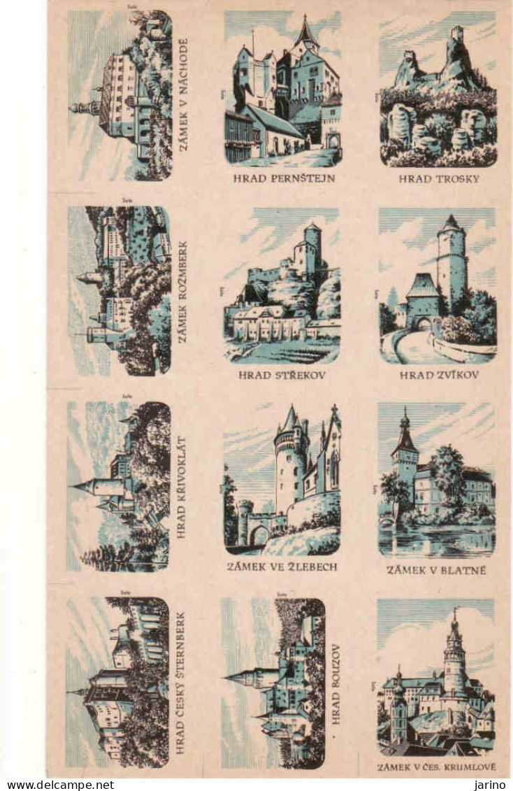 Czechoslovakia - Czechia 12 Matchbox Labels, Catles Trosky Zvíkov Šternberk Rožmberk Bouzov Žleby Strekov Pernštejn - Boites D'allumettes - Etiquettes