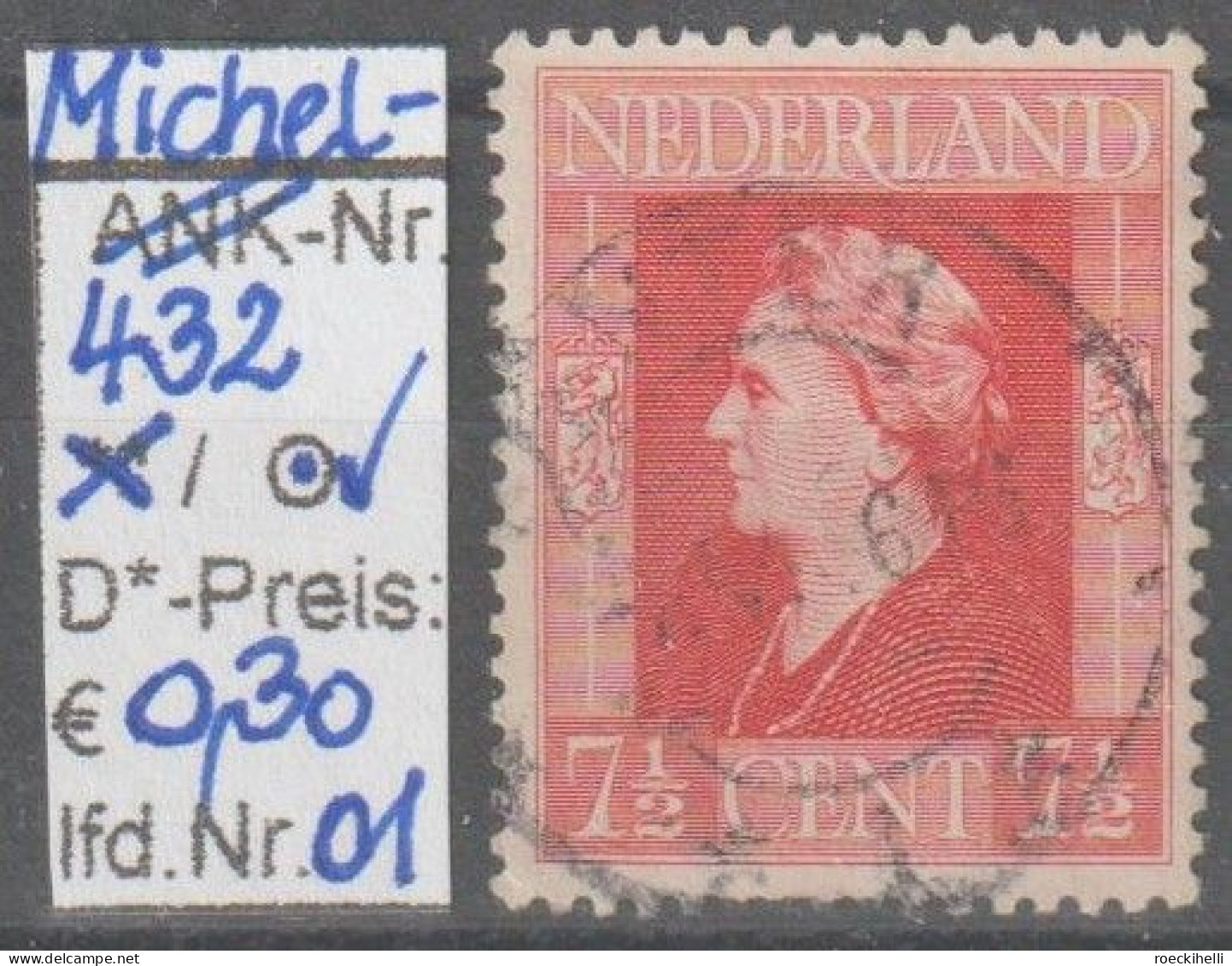 1944 - NIEDERLANDE - FM/DM "Exilregierung - Königin Wilhelmina" 7 1/2 C Rot - O Gestempelt - S. Scan (432o 01-02 Nl) - Gebruikt