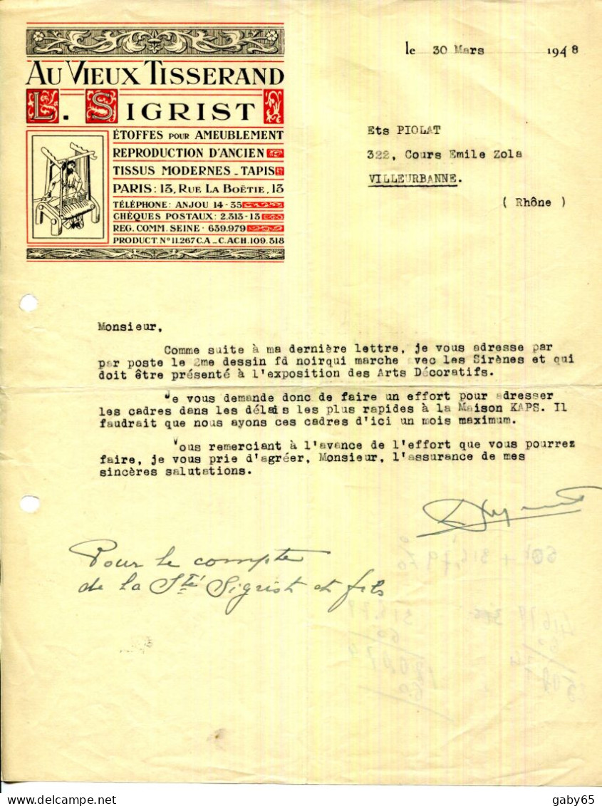 FACTURE.PARIS.ETOFFES POUR AMEUBLEMENT.REPRODUCTION D'ANCIEN.L.SIGRIST " AU VIEUX TISSERAND "13 RUE DE LA BOËTIE. - Kleding & Textiel