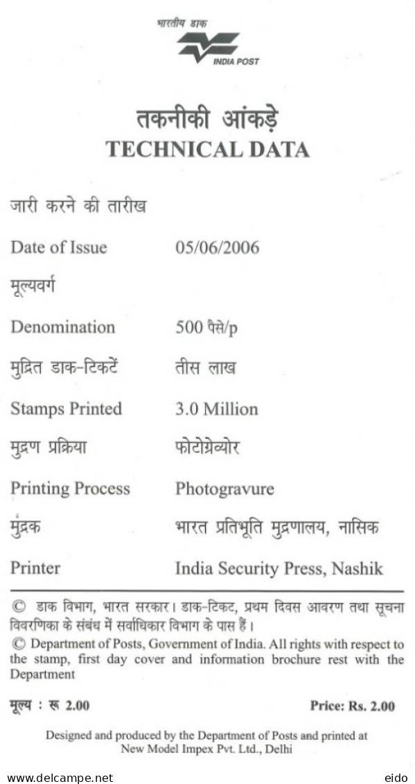 INDIA - 2006 - BROCHURE OF RAINWATER HARVESTING STAMP DESCRIPTION AND TECHNICAL DATA. - Cartas & Documentos