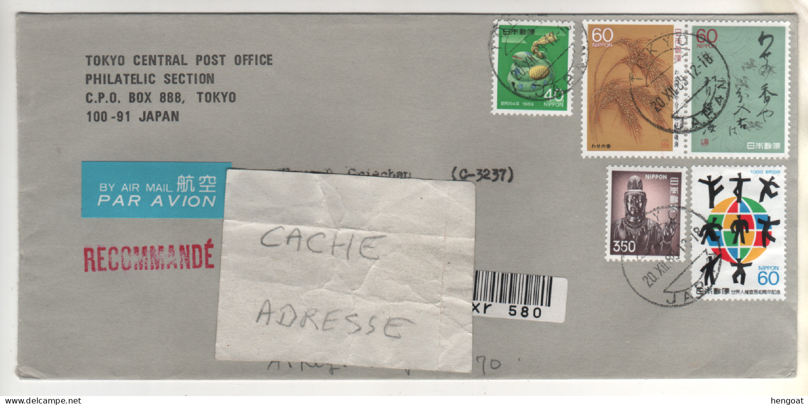 5 Timbres , Stamps  Sur Lettre Recommandée , Cover , Mail Du 20/12/88 - Cartas & Documentos