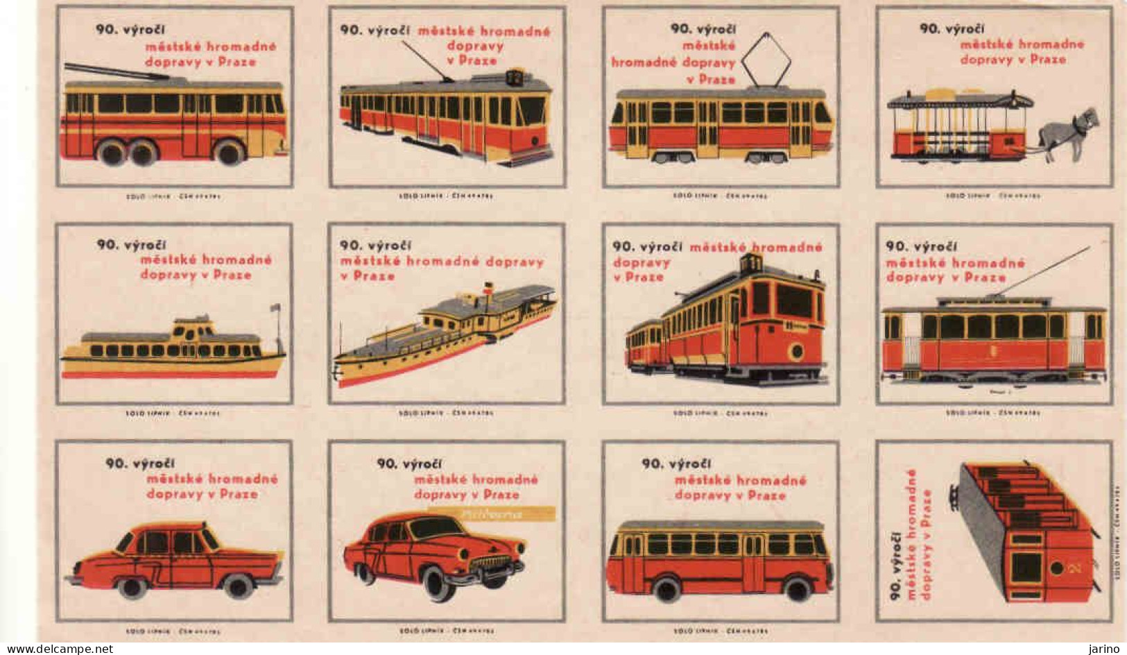 Czechoslovakia - Czechia 12 Matchbox Labels, 90 Years Of Urban Transport In Prague Tramway Troley Bus Auto Ship Train - Boites D'allumettes - Etiquettes