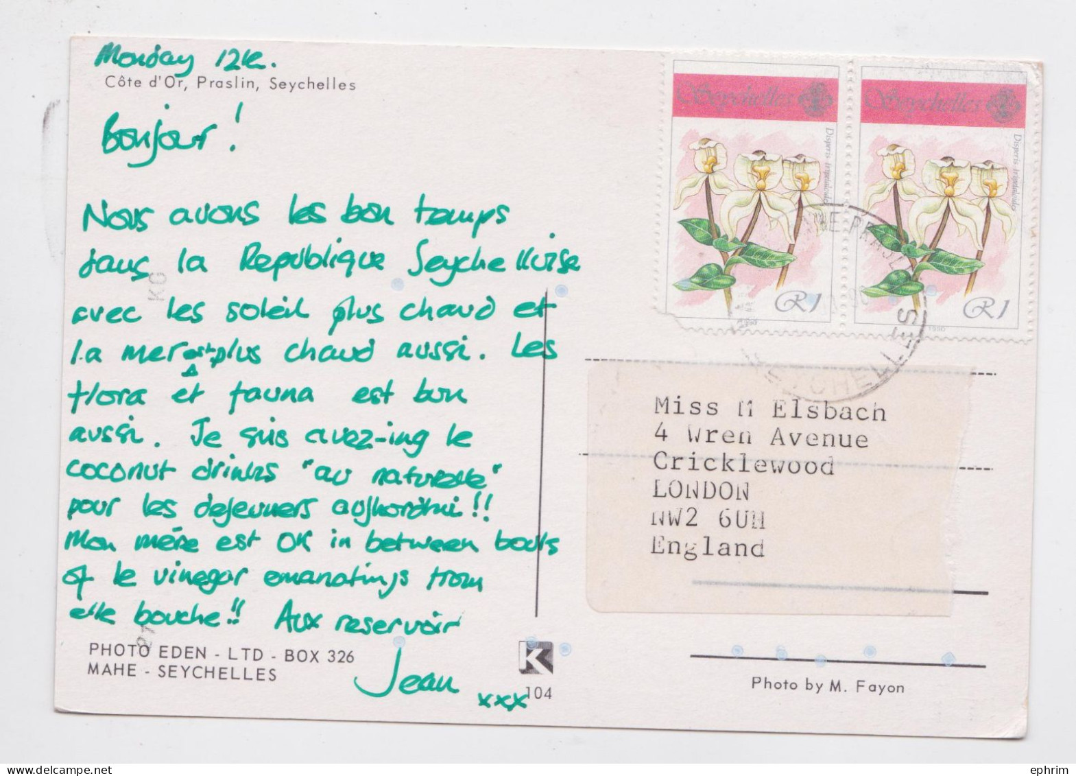 Seychelles Carte Postale Timbre Fleur Orchidée Orchid Flower Stamp Air Mail Postcard - Seychelles (1976-...)