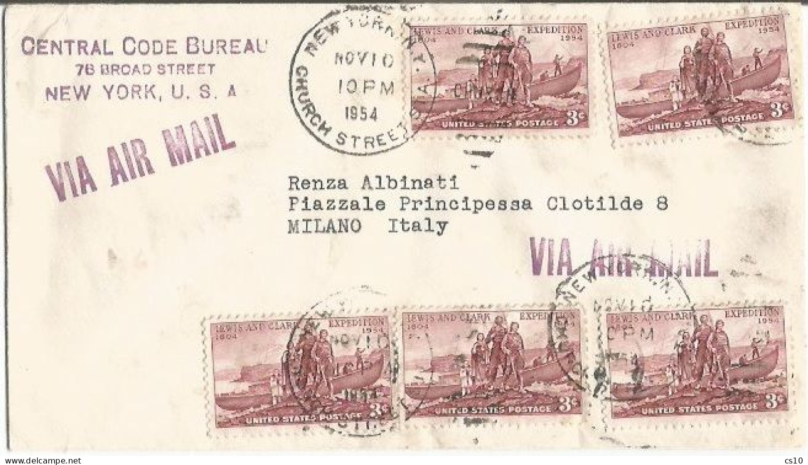 USA AirmailCV NY 10nov1954 To Italy With Lewis Clark Expedition C.3 X 5 Pcs - Nice SIMPLE & REAL Franking - Storia Postale