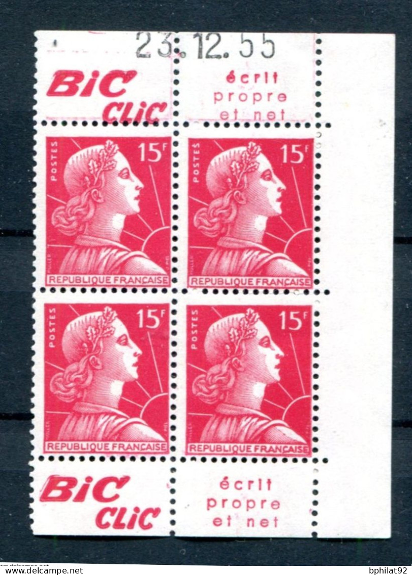 !!! 15 F MARIANNE DE MULLER : BLOC DE 4 COIN DATE AVEC PUBS BIC CLIC NEUF ** - Unused Stamps