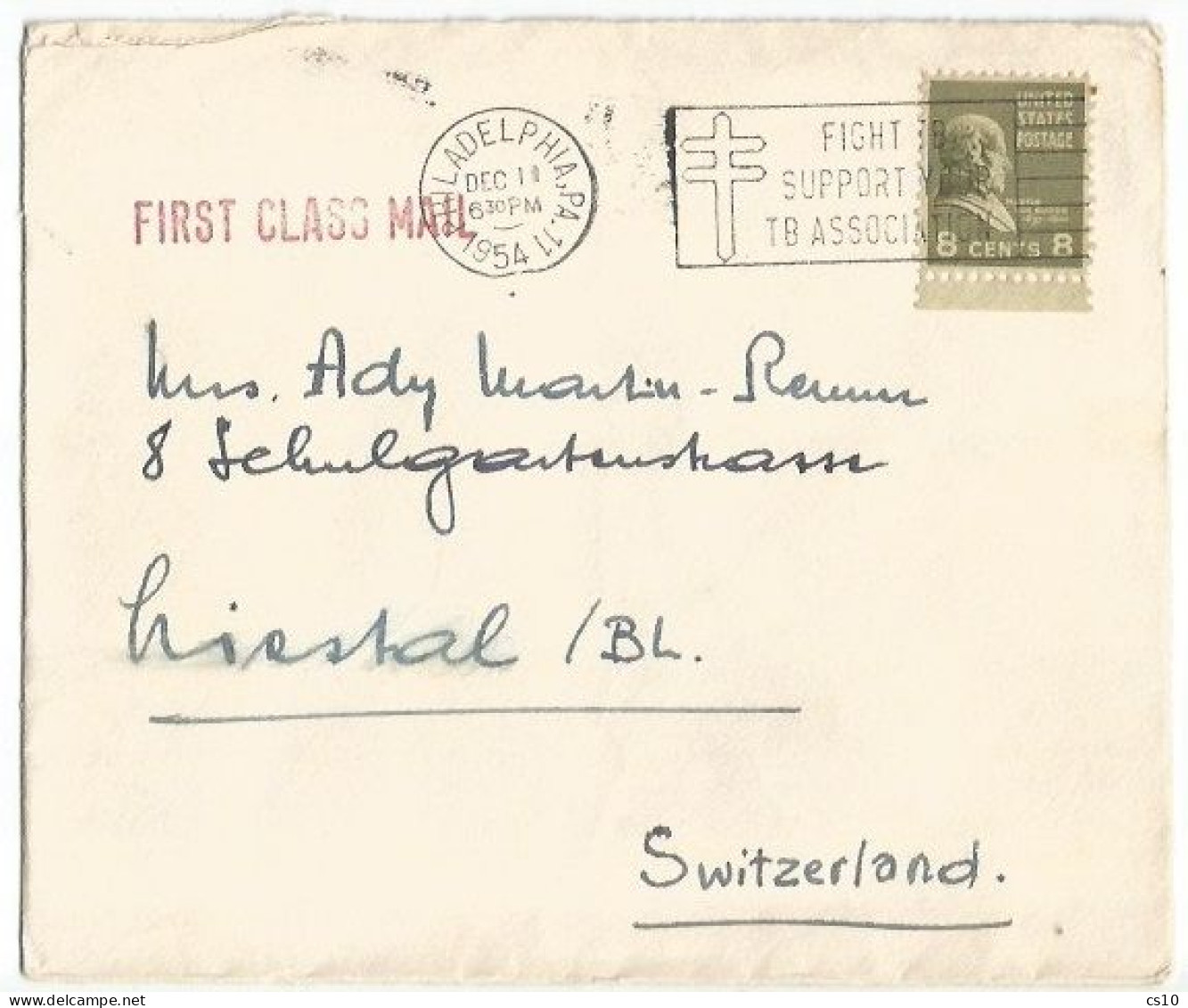 USA FIRST CLASS MAIL Cover Philadelphia 11dec1954 X Suisse With Prexies C.8 Van Buren Solo Franking - Lettres & Documents