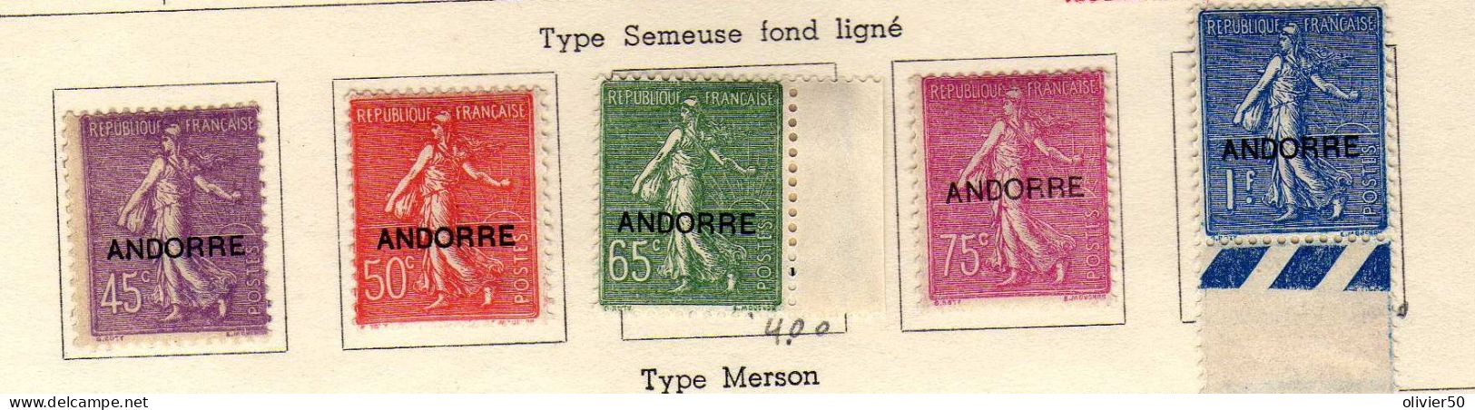 Andorre Francaise  -(1931) -  Timbres De France - Semeuse Sur Fond Ligne Surcharges - - Neufs* - MLH/MH - Neufs