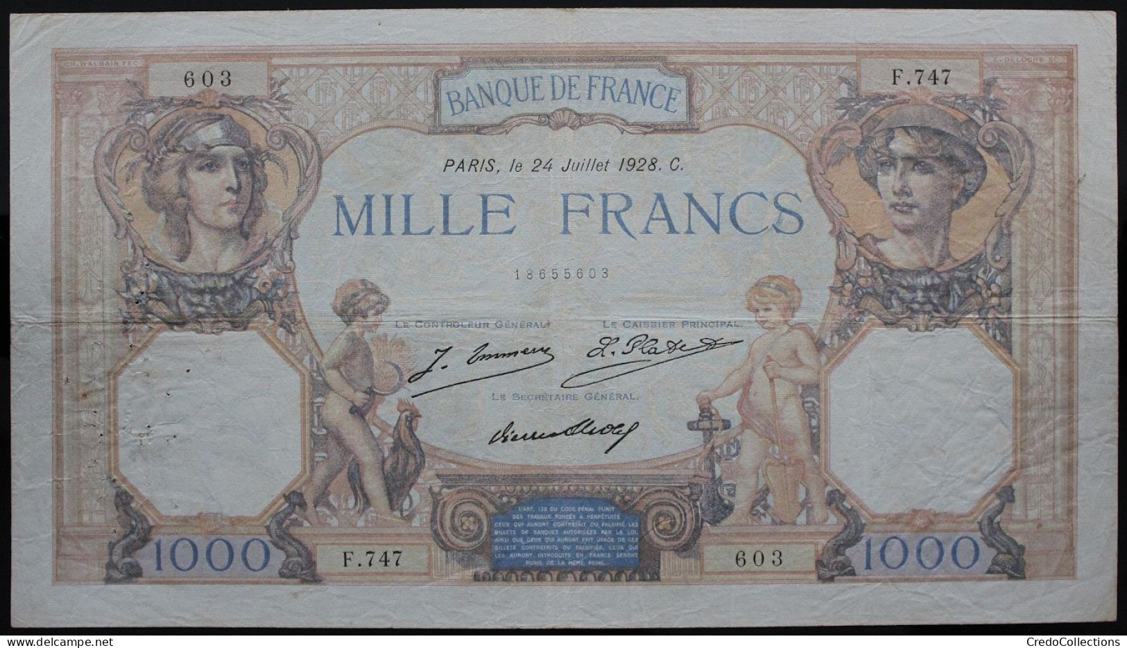 France - 1000 Francs - 24-7-1928- PICK 79a / F37.2 - TB - 1 000 F 1927-1940 ''Cérès Et Mercure''