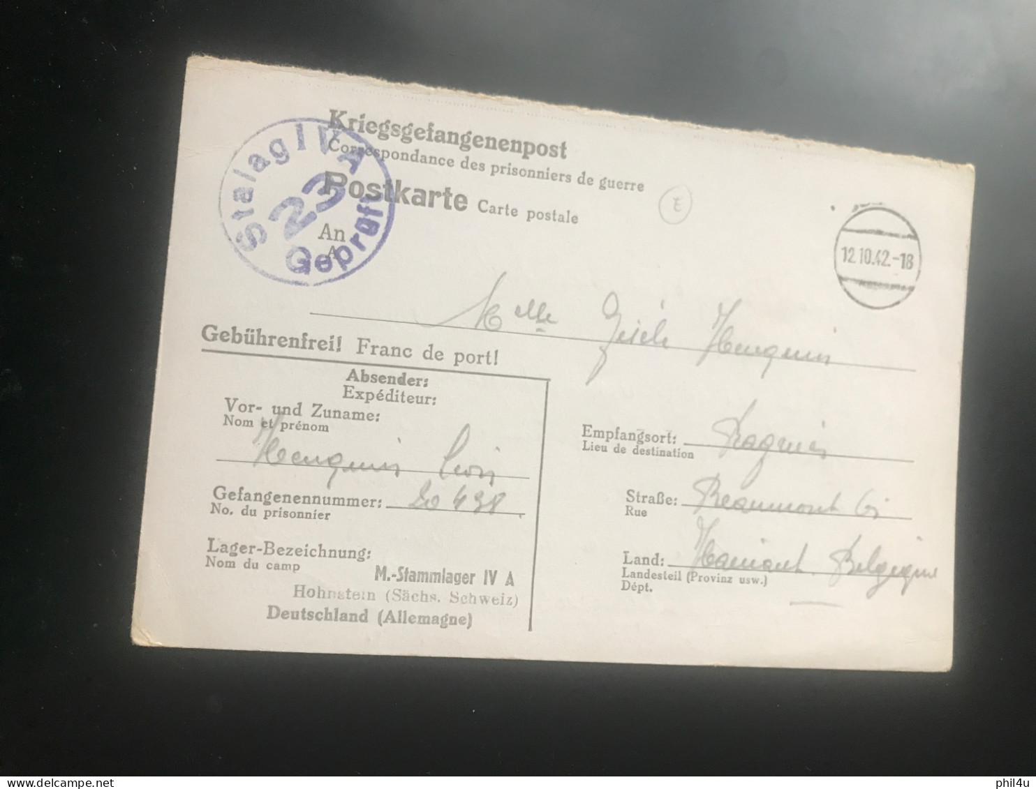 1942  Prisoner Of War Post Card Sent To Belgium See Photos - Brieven En Documenten