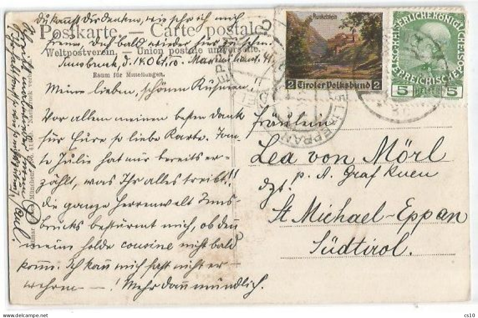 Austria PPC Hotting Innsbruck 14okt1910 X Sud Tirol S.Michael Eppan With H.2 Tiroler Volksbund Stamp Runhelstein Schloss - Variétés & Curiosités