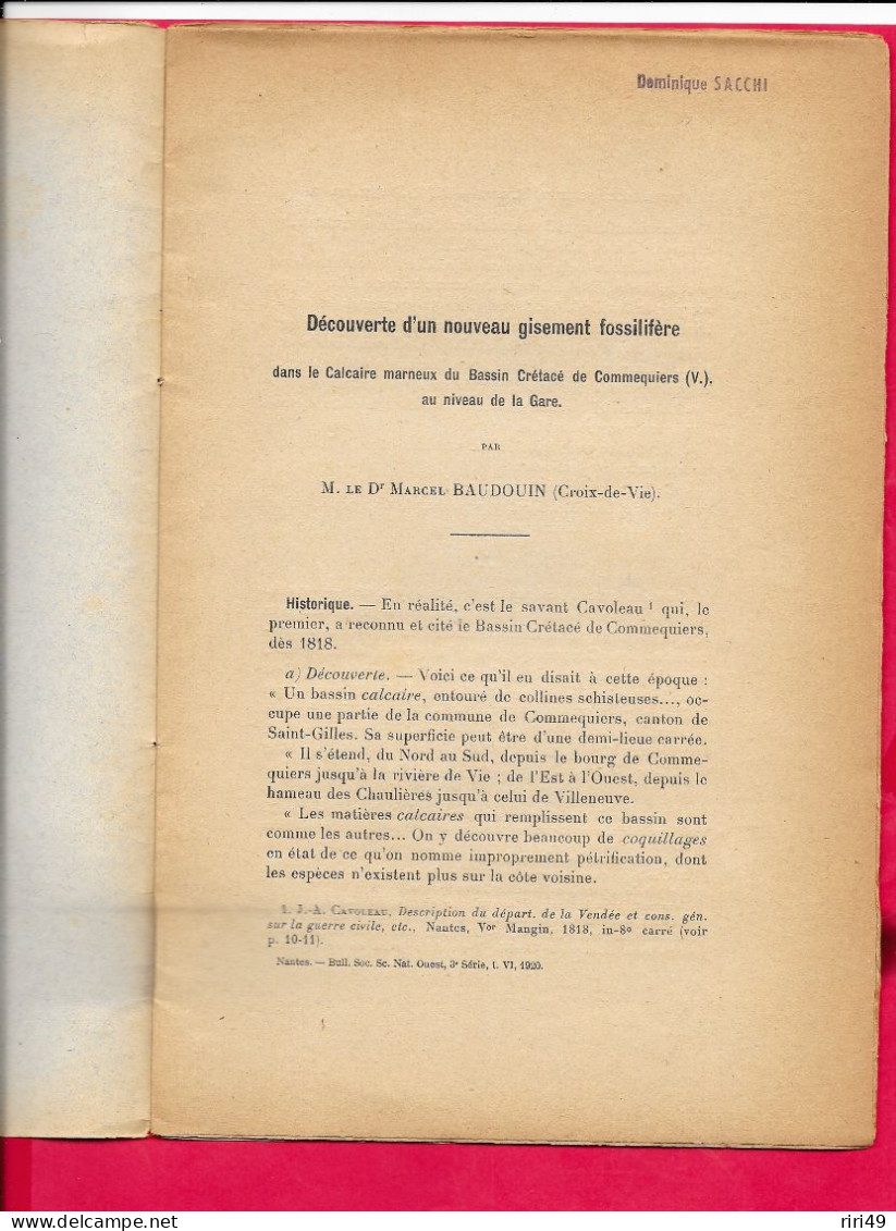 Découverte D'un Nouveau Gisement Fossilifère  Docteur Marcel Baudouin 1920 Voir Description Scanne 16 Pages - Archéologie