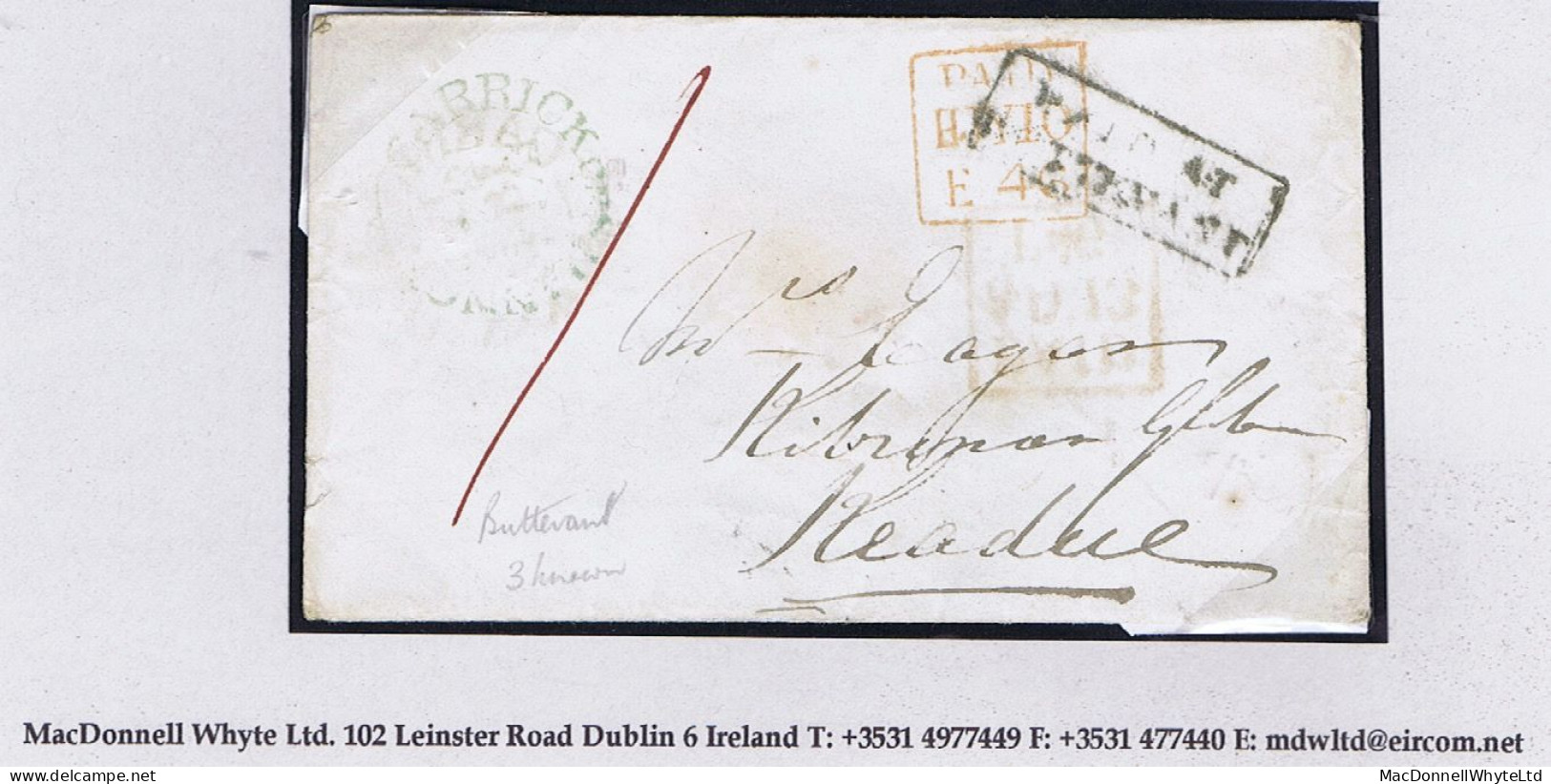 Ireland Cork Roscommon 1846 Env To Keadue Framed PAID AT/BUTTEVANT, Reposted With "No. 1" RH Of Keadue - Prephilately