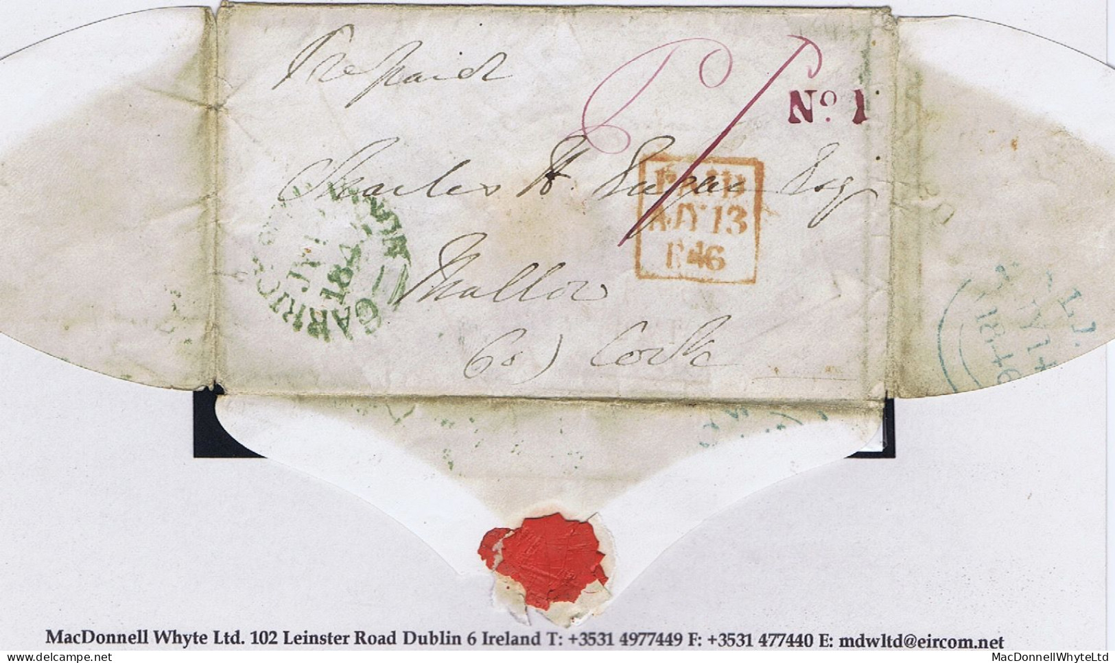 Ireland Cork Roscommon 1846 Env To Keadue Framed PAID AT/BUTTEVANT, Reposted With "No. 1" RH Of Keadue - Prephilately