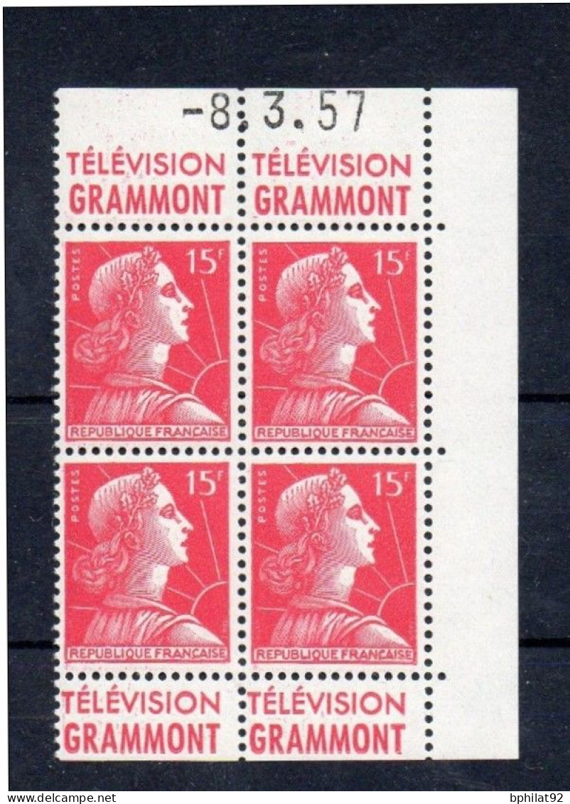 !!! 15 F MARIANNE DE MULLER BLOC DE 4 AVEC PUBS TELEVISION GRAMMONT ET COIN DATE NEUF ** - 1950-1959