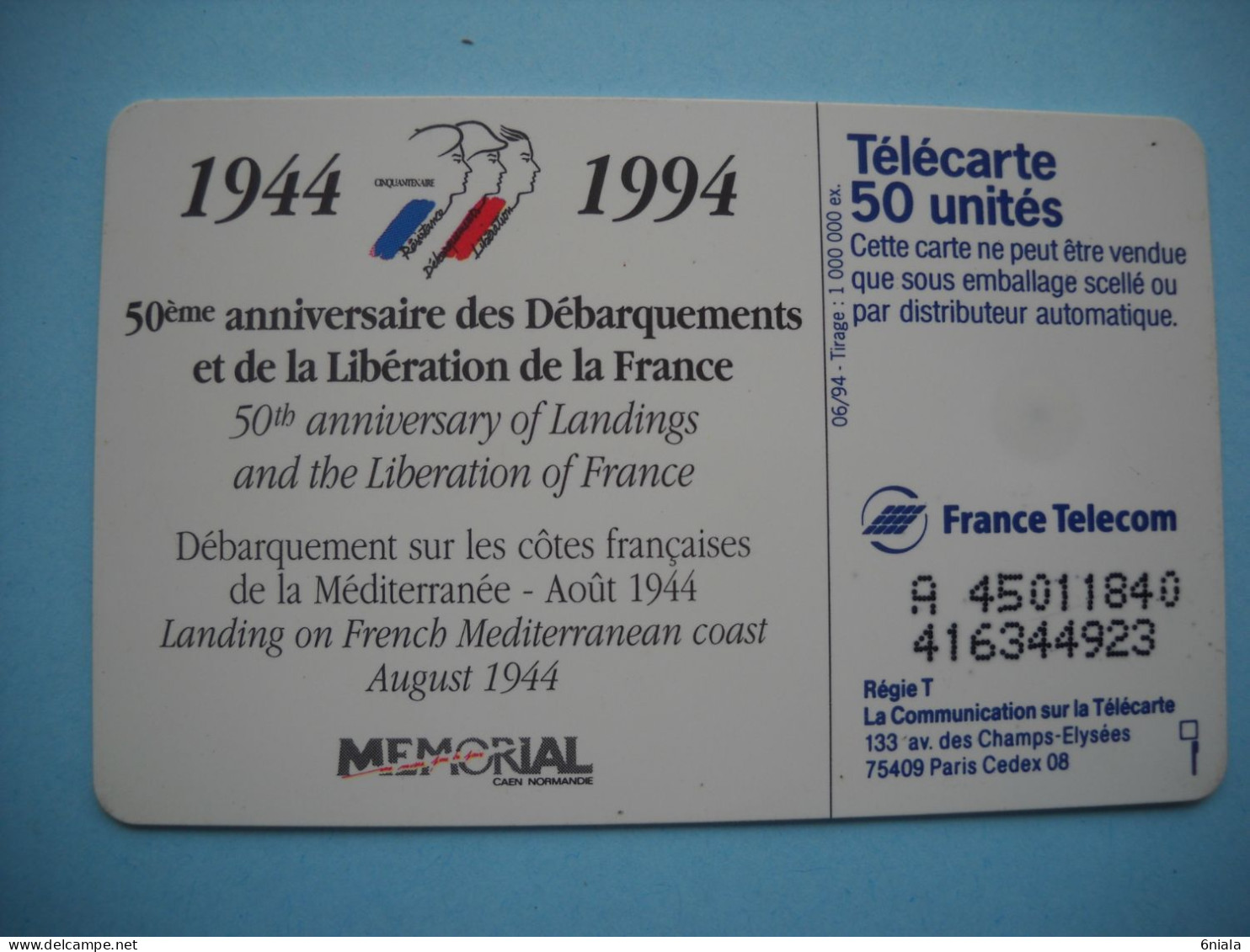 7636 50e ANNIVERSAIRE DEBARQUEMENT 1944 1994  Télécarte Collection  ( 2 Scans)  Carte Téléphonique - Armee