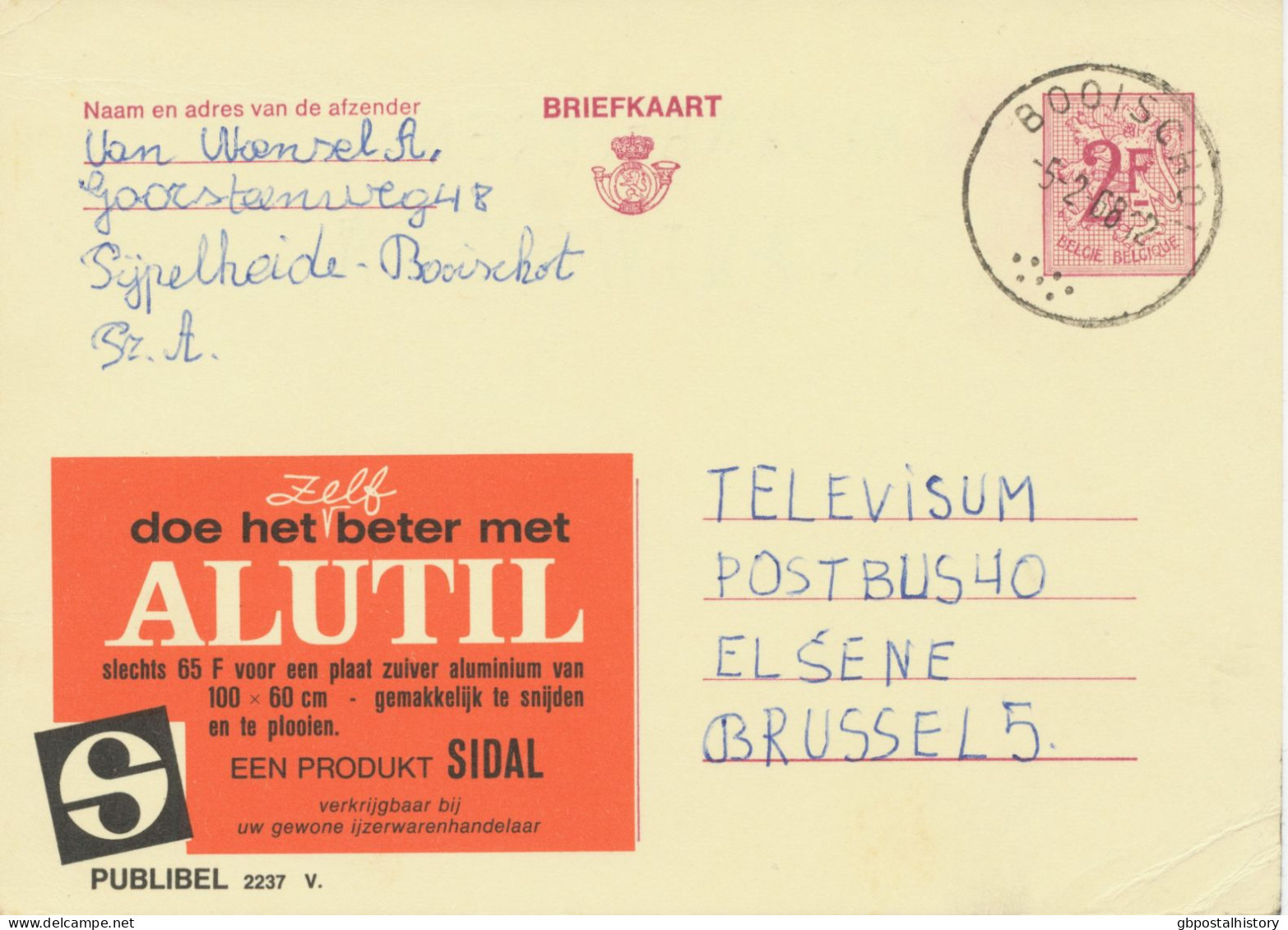 BELGIUM VILLAGE POSTMARKS  BOOISCHOT (now Heist-op-den-Berg) SC With Dots 1968 (Postal Stationery 2 F, PUBLIBEL 2237 V.) - Puntstempels