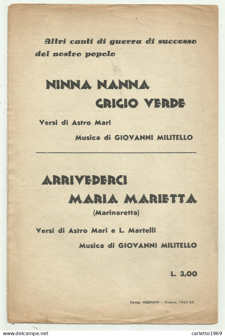 SPARTITO MUSICALE- CIAO ! CIAO ! BEL SOLDATIN !.. 1942  - MUSICA DI G. MILITELLO - Scores & Partitions