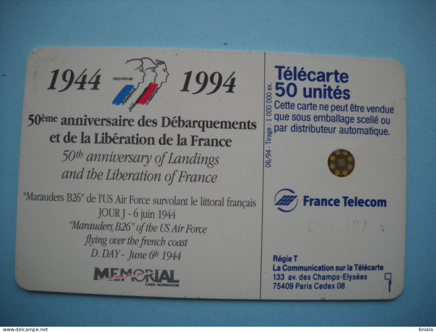 7637 50e ANNIVERSAIRE DEBARQUEMENT 1944 1994  AVION  Télécarte Collection  ( 2 Scans)  Carte Téléphonique - Army