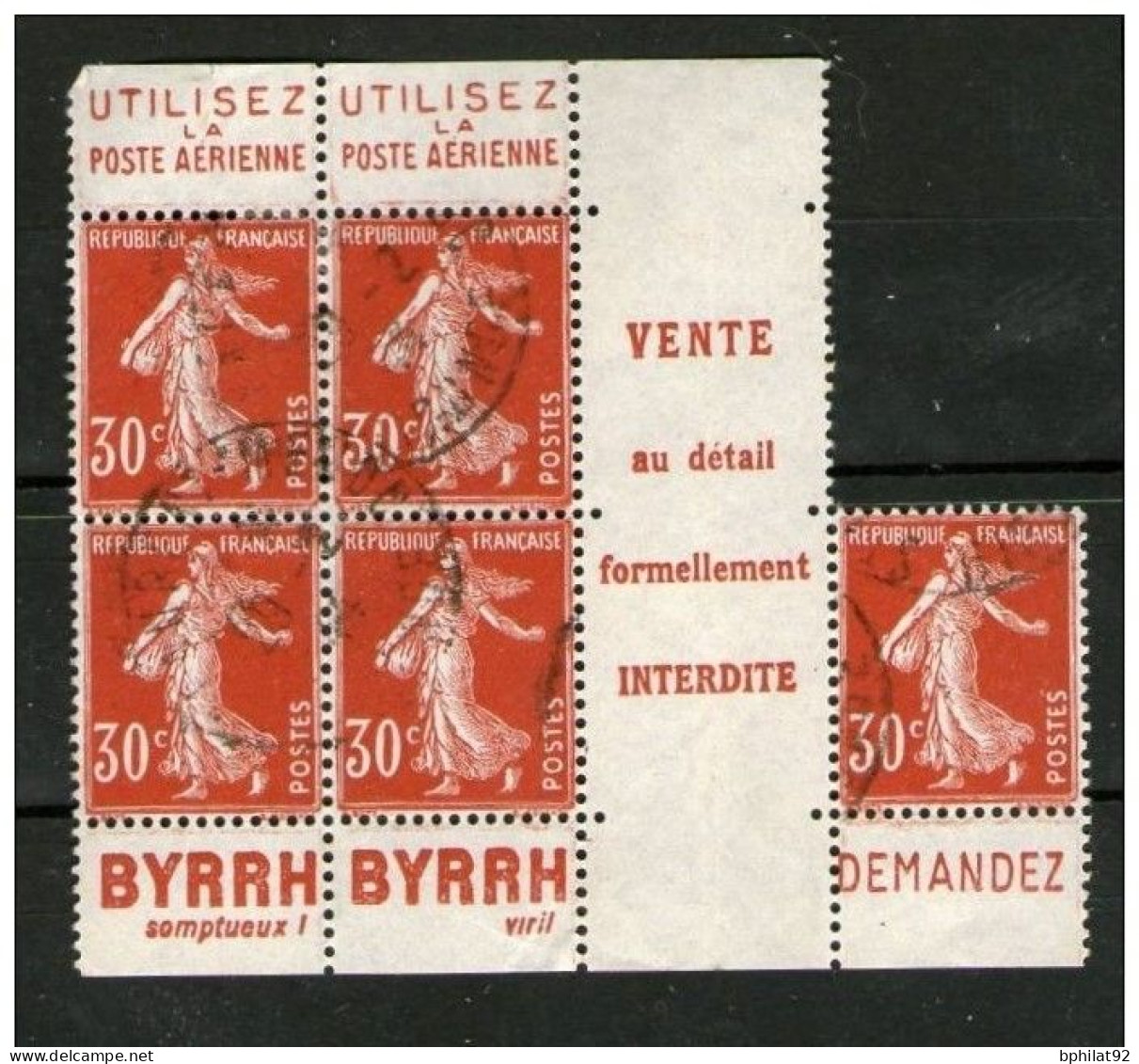 !!! 30 C SEMEUSE : BLOC DE 5 AVEC PUBS BYRRH - POSTE OBLITERE - Used Stamps