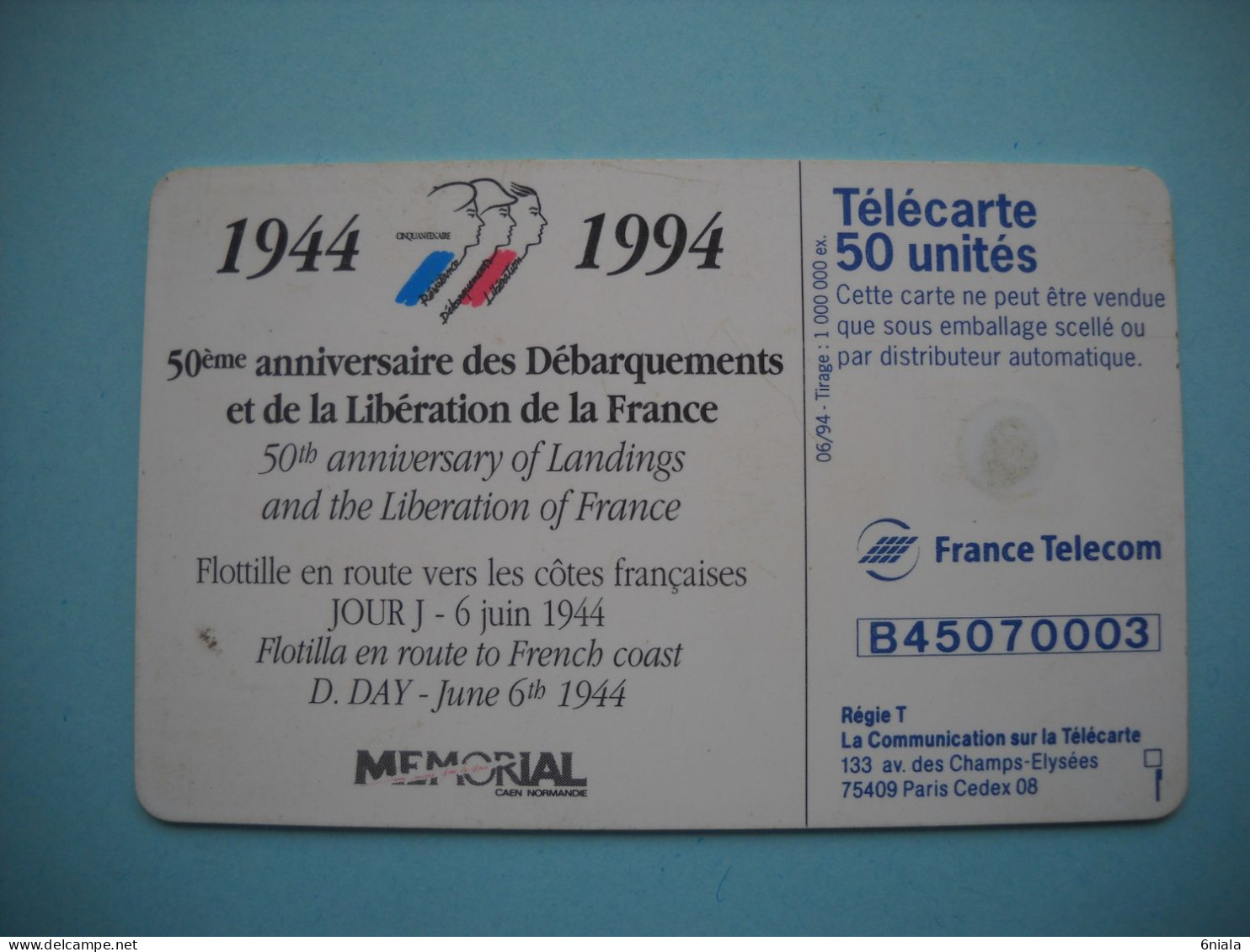 7639 50e ANNIVERSAIRE DEBARQUEMENT 1944 1994 MILITAIRES  Télécarte Collection  ( 2 Scans)  Carte Téléphonique - Armée