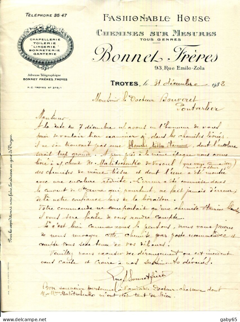 FACTURE.10.AUBE.TROYES.CHAPELLERIE. LINGERIE.BONNETERIE.CHEMISES SUR MESURE.BONNET FRERES 93 RUE EMILE ZOLA. - Textile & Vestimentaire