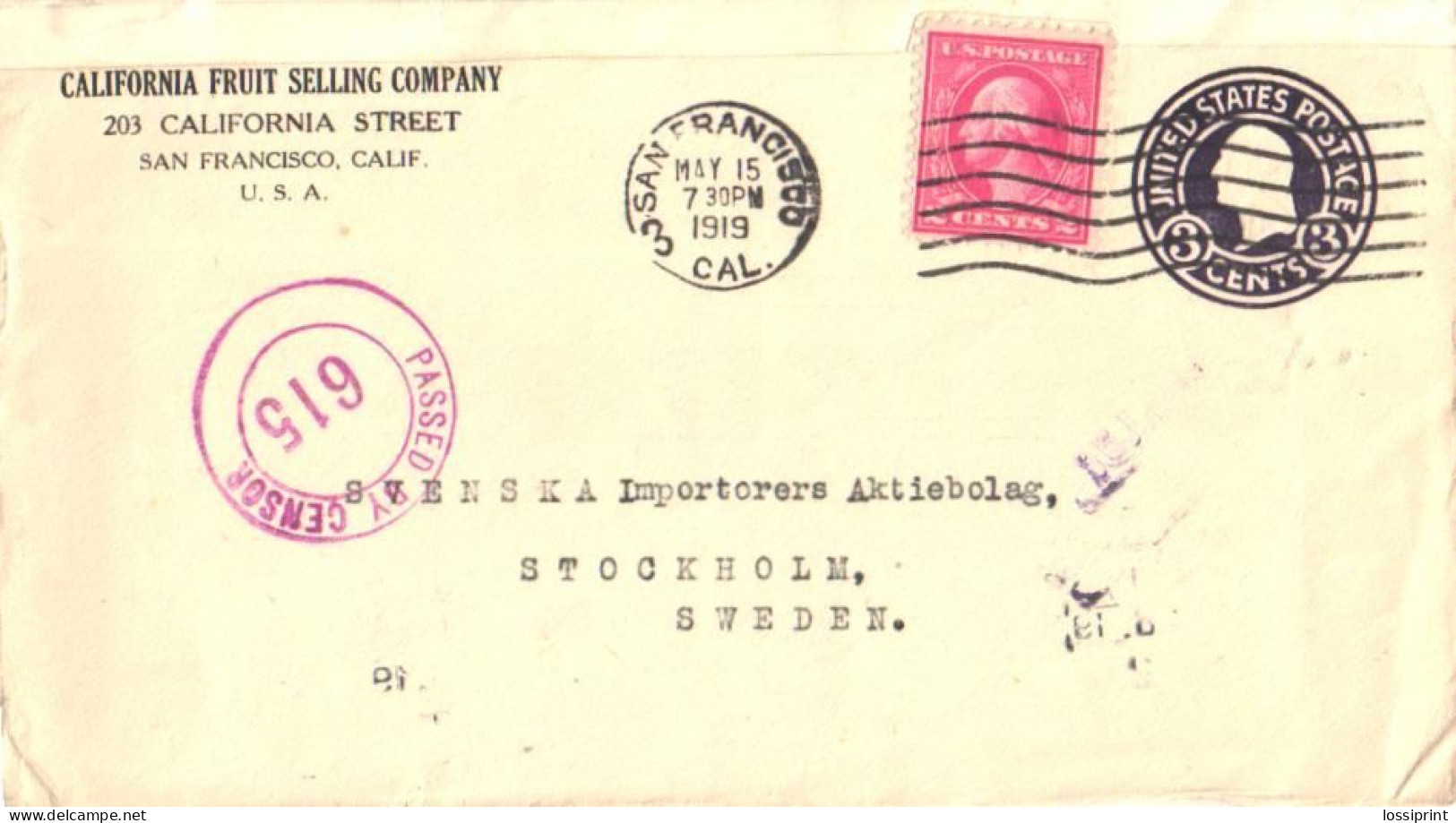 USA:United States:Postal Stationery Cover, 3 Cents, Passed By Censor 615 Cancellation, P.U. 1919 - 1901-20