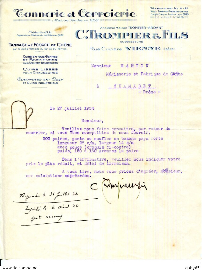 FACTURE.38.ISÈRE.VIENNE.TANNERIE & CORROIERIE.TANNAGE A L'ECORCE DE CHÊNE.C.TROMPIER & FILS RUE CURVIÈRE. - Textile & Vestimentaire