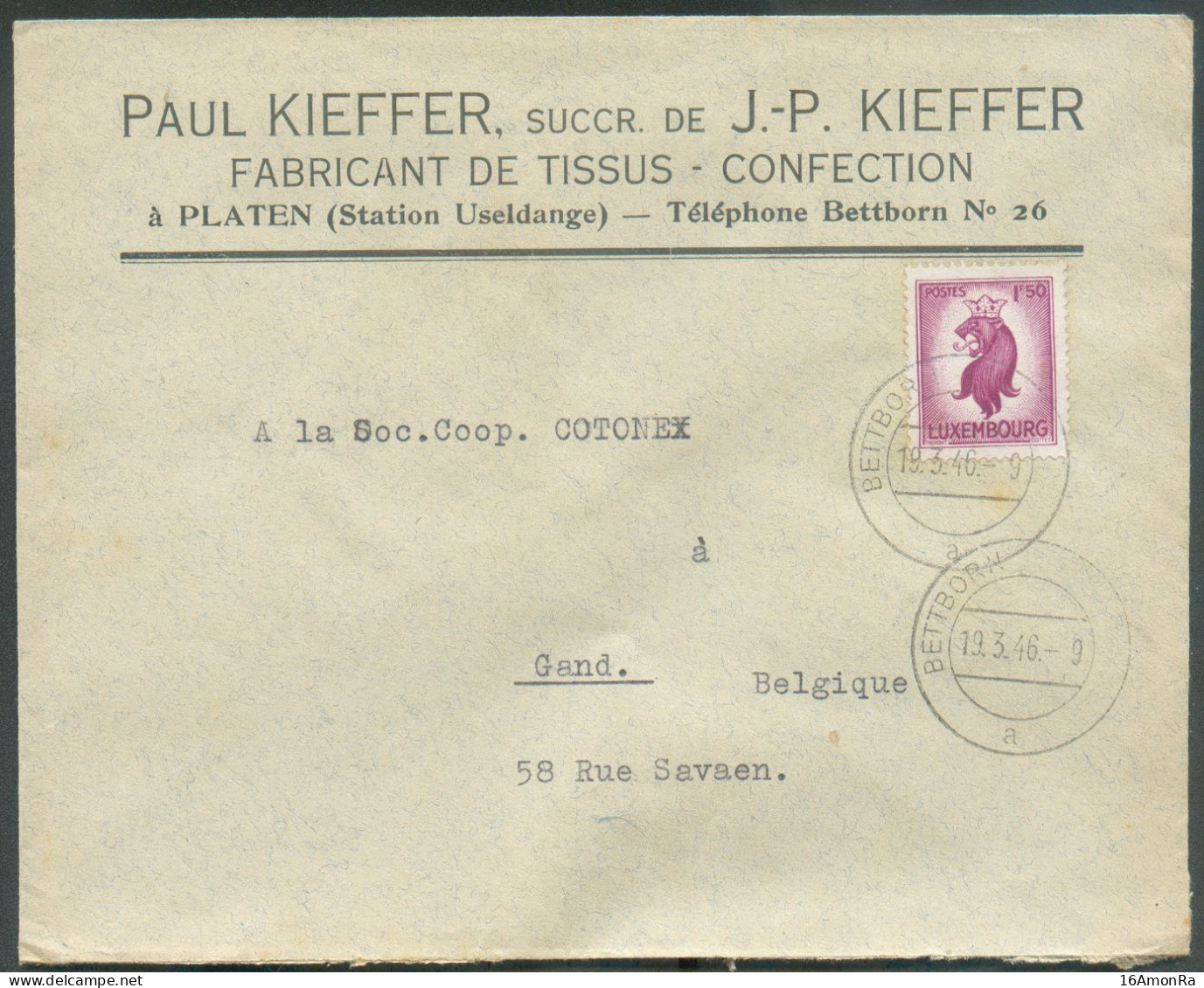 1Fr.50 Obl. Dc BETTBORN (BETTEMBOURG) Sur Lettre à En-tête (P. KIEFFER Fabricant De Tissus COnfection à PLATEN (USELDANG - Storia Postale