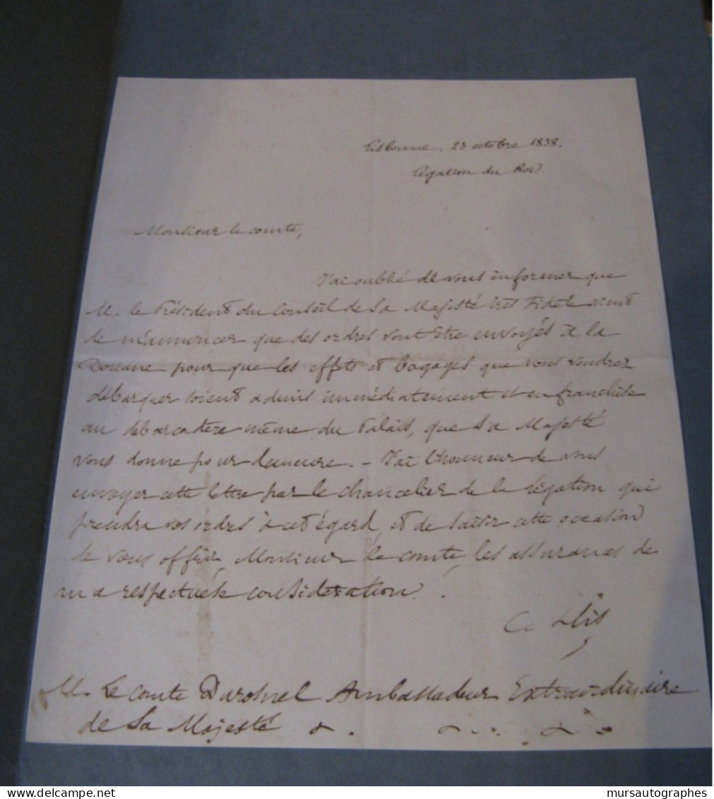 HIS DE BUTENVAL Autographe Signé 1838 AMBASSADEUR SENAT PORTUGAL à DUROSNEL - Politiques & Militaires