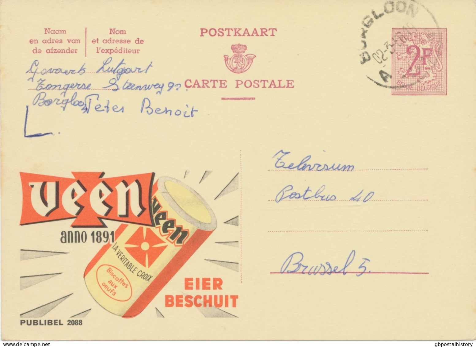 BELGIUM VILLAGE POSTMARKS  BORGLOON A SC With Dots 1968 (Postal Stationery 2 F, PUBLIBEL 2088) - Punktstempel