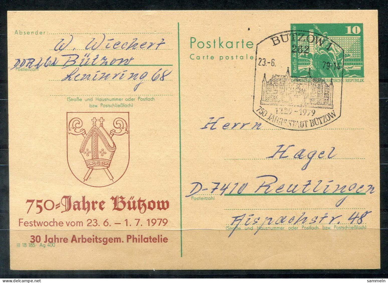 DDR Ganzsache P 79 - Privater Zudruck 750 Jahre Bützow 1979 Und Entspr. Sonderstempel - GDR / RDA - Privatpostkarten - Gebraucht