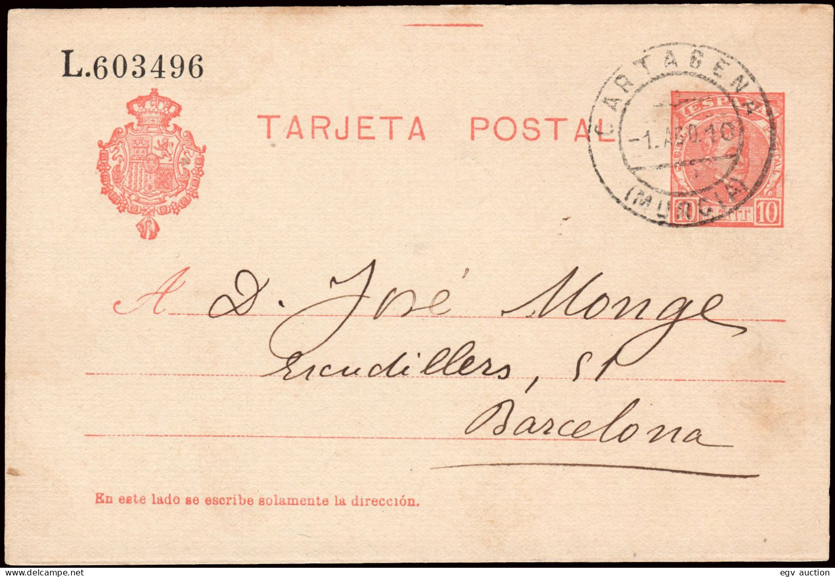 Murcia - Edi O EP 45Aca - Entero Postal (3º Línea Dirección Totalmente A La Izquierda)Mat "Cartagena 1/Ag./10" - 1850-1931