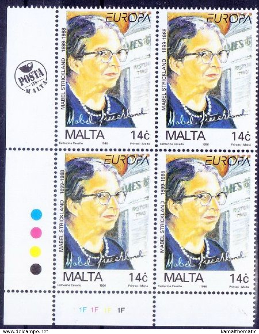 Mabel Strickland, Journalist, Newspaper, Europa, Signature, Malta 1996 MNH  BLk 4 Colour Guide - 1996