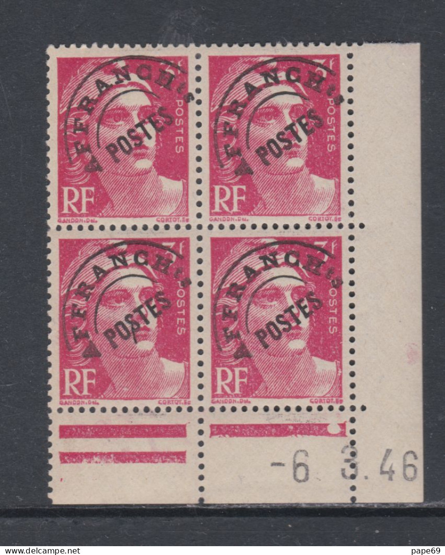 France Préoblitéré N° 96 XX  Type Gandon 3 F. Rose En Bloc De 4 Coin Daté Du 6. 3 . 46 ;  1 Pt Blanc, Sans Charn., TB - Préoblitérés