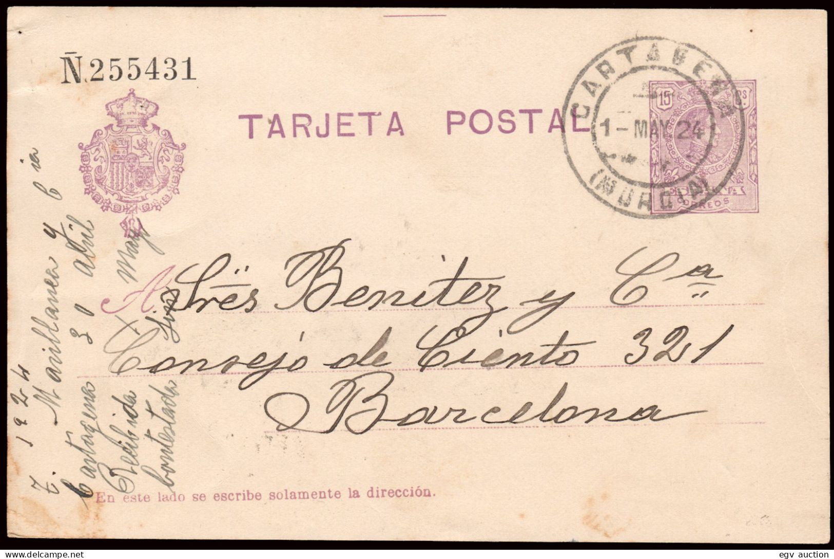 Murcia - Edi O EP 50 - Entero Postal Mat "Cartagena 01/05/24" - 1850-1931