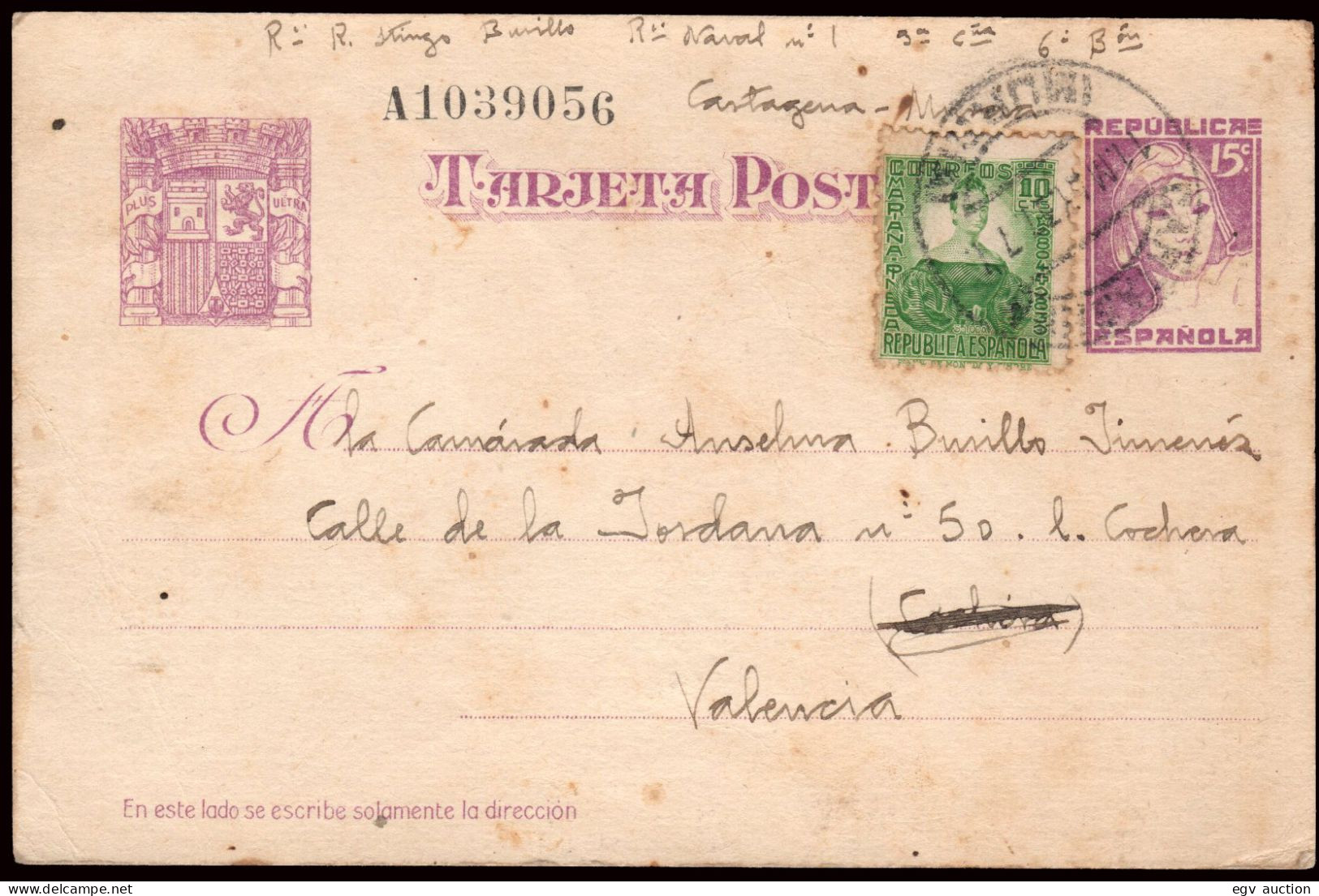 Murcia - Edi O EP 75+Esp. 682 - Entero Postal Mat "Cartagena 11/05/37" A Valencia - 1931-....