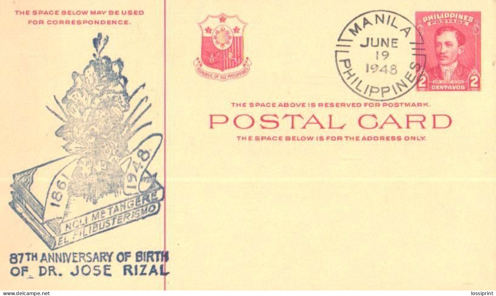 Philippines:Postal Stationery, Dr. Joze Rizal 2 Centavos, Special Cancellation 87th Anniversaru, 1948 - Filipinas