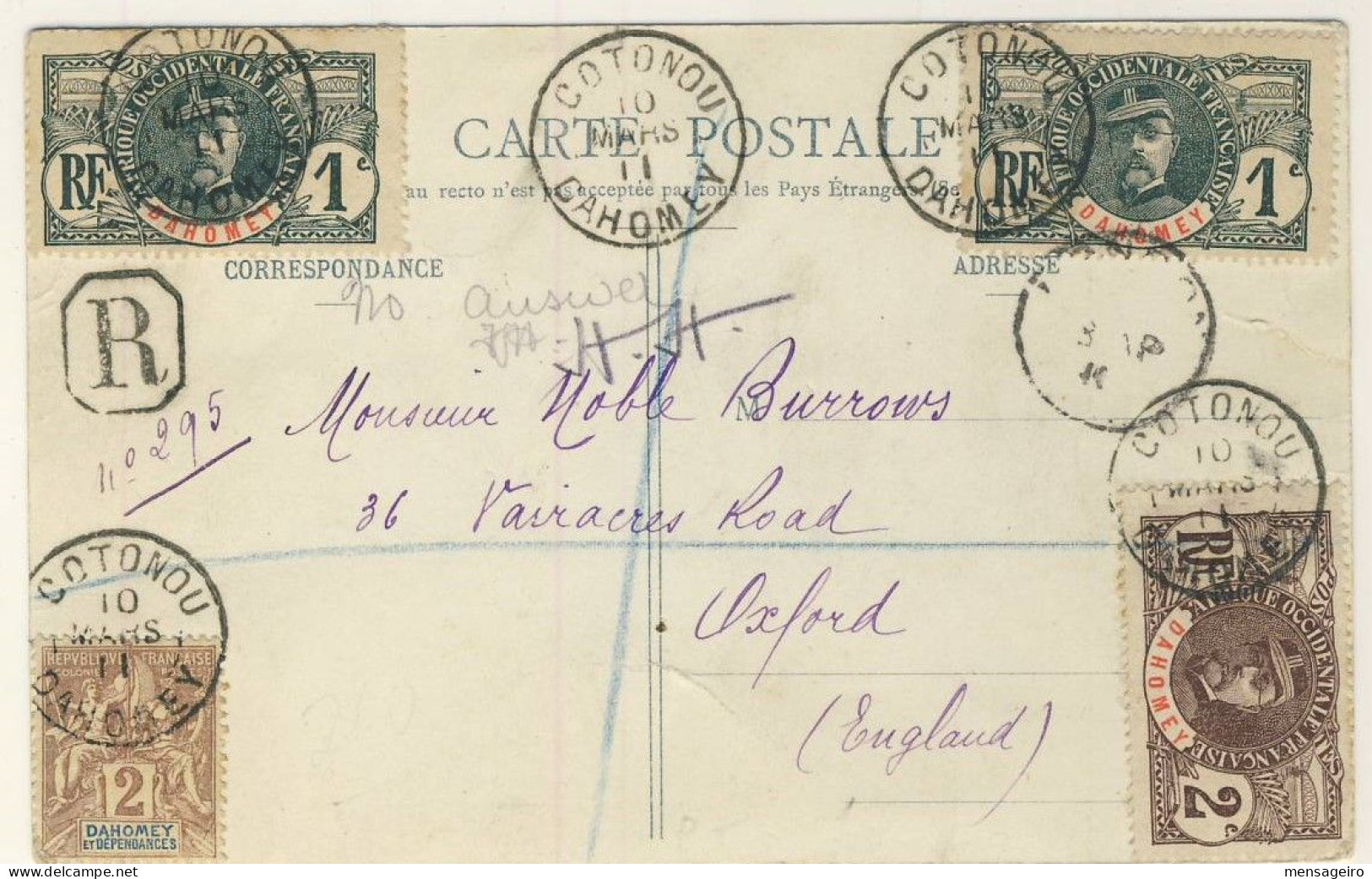 (P87) DAHOMEY Y&T N°6+7 X2+8+18 X2+19+29 - CARTE POSTALE RECOMMANDEE COTONOU = UK 1901 - Briefe U. Dokumente