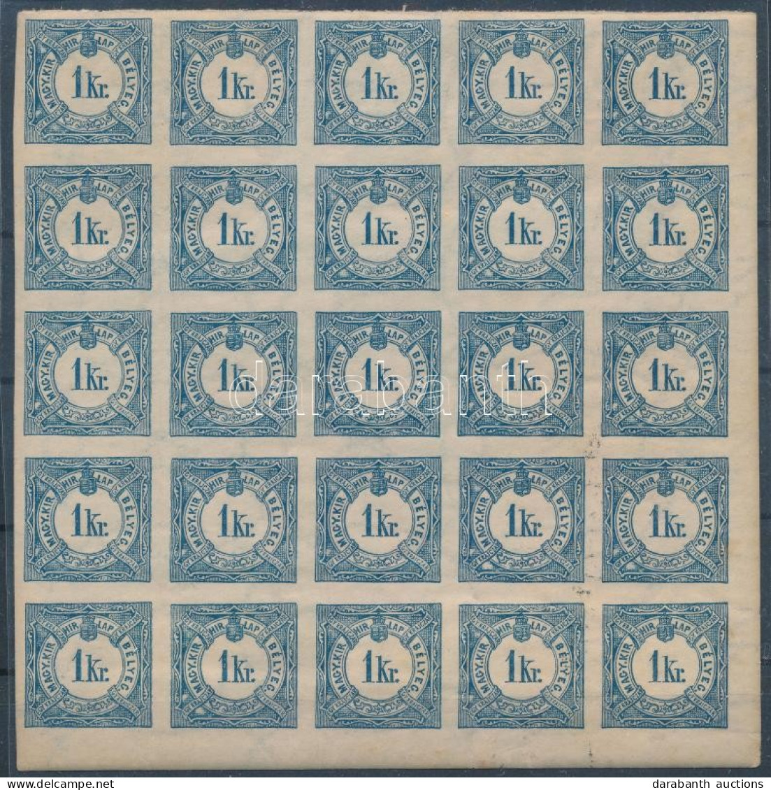 ** 1888 Hírlapilletékbélyeg 1kr ívsarki 25-ös Tömbben, Több Bélyegen Betapadás / Newspaper Duty Stamp 1kr Corner Block O - Sonstige & Ohne Zuordnung