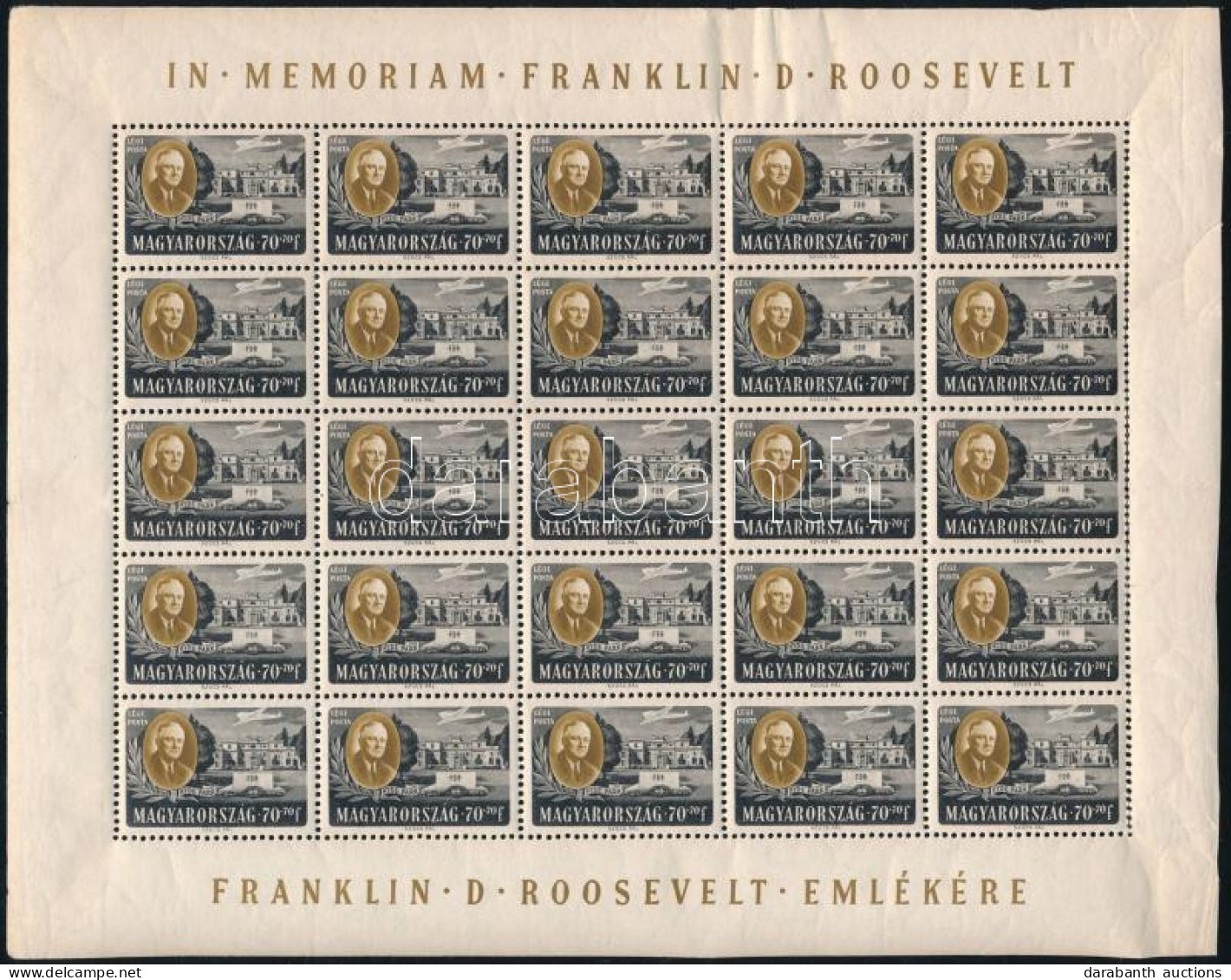 ** 1947 Roosevelt 70+70f Teljes ív (56.250) (fogelválások, Ráncok / Aparted Perf, Creases) - Andere & Zonder Classificatie