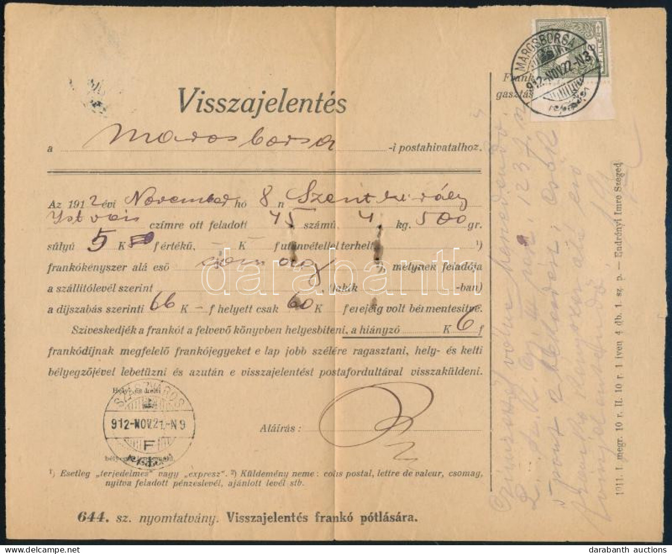 1912 Visszajelentés Turul 6f Bérmentesítéssel "MAROSBORSA" - Sonstige & Ohne Zuordnung