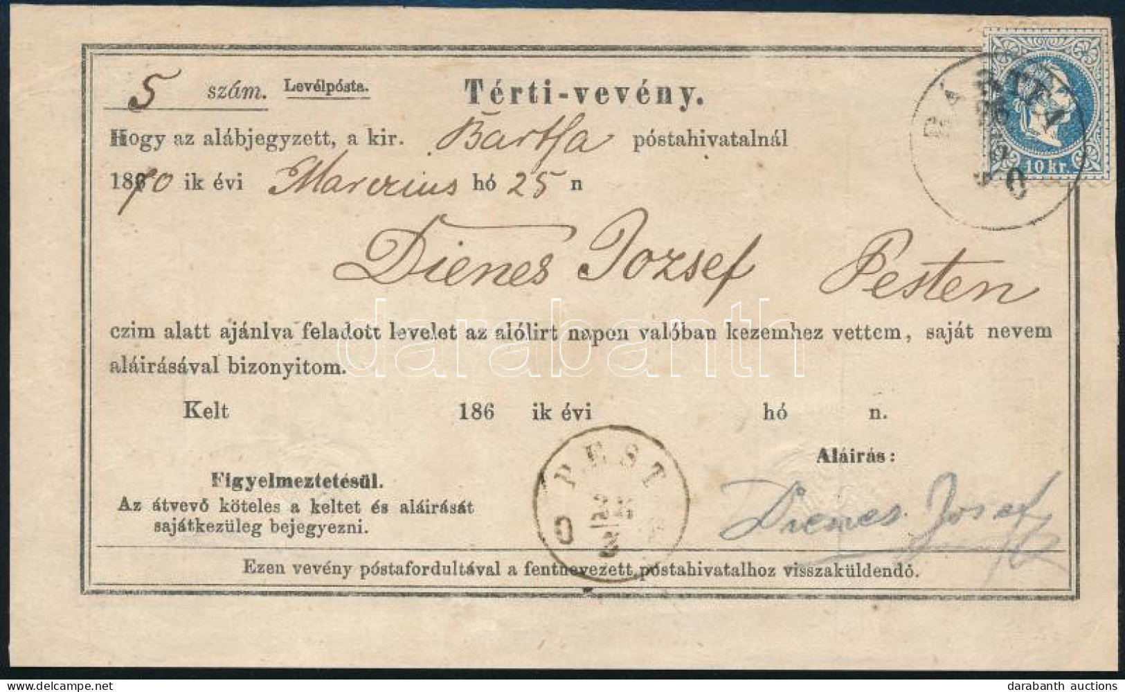 1870 Térti-vevény 10kr Bérmentesítéssel "BÁRTFA" - "PEST" - Autres & Non Classés