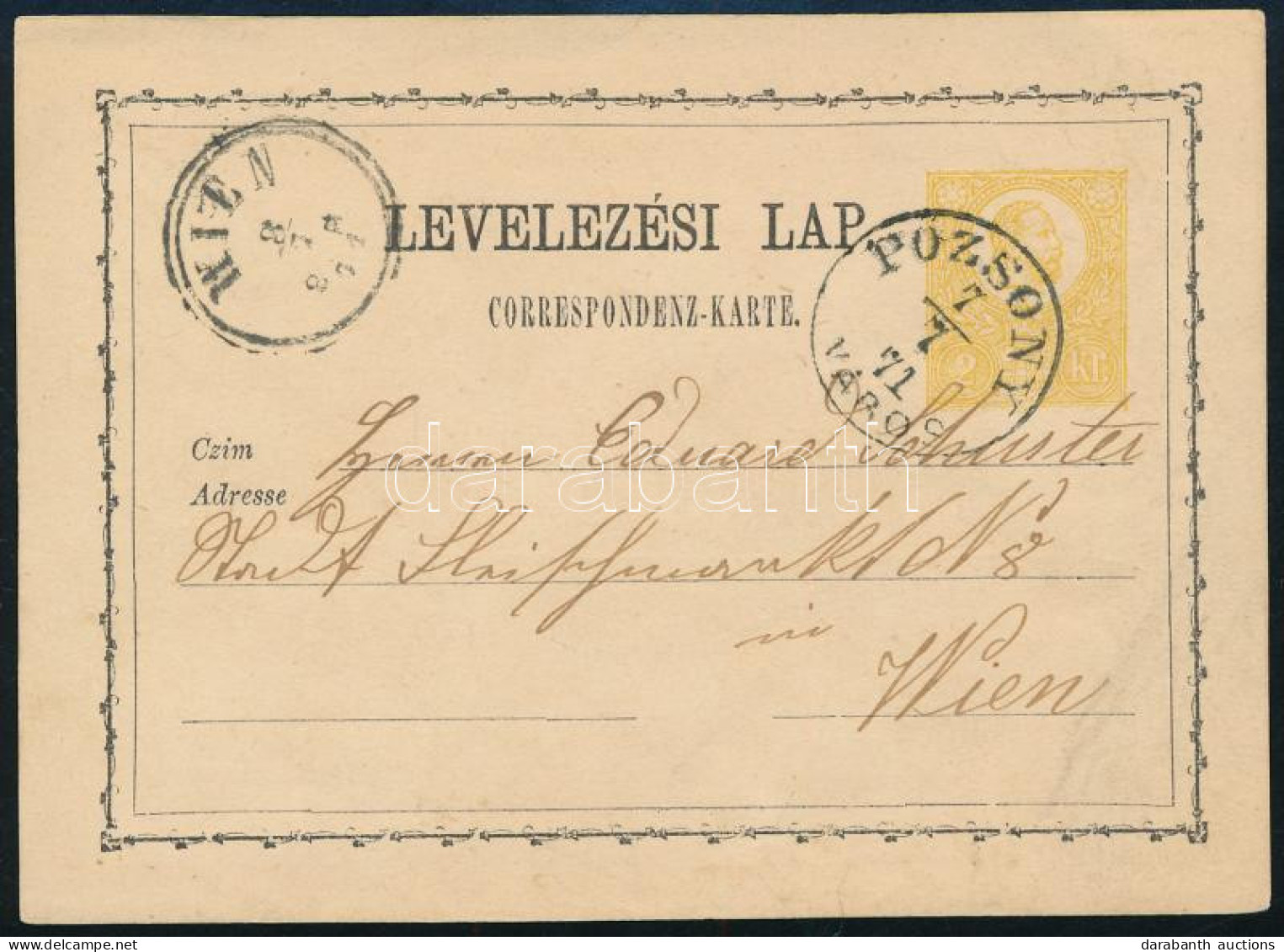 1871 2kr Díjjegyes Levelezőlap / PS-card "POZSONY VÁROS" - "WIEN" (Gudlin 150 P) - Otros & Sin Clasificación