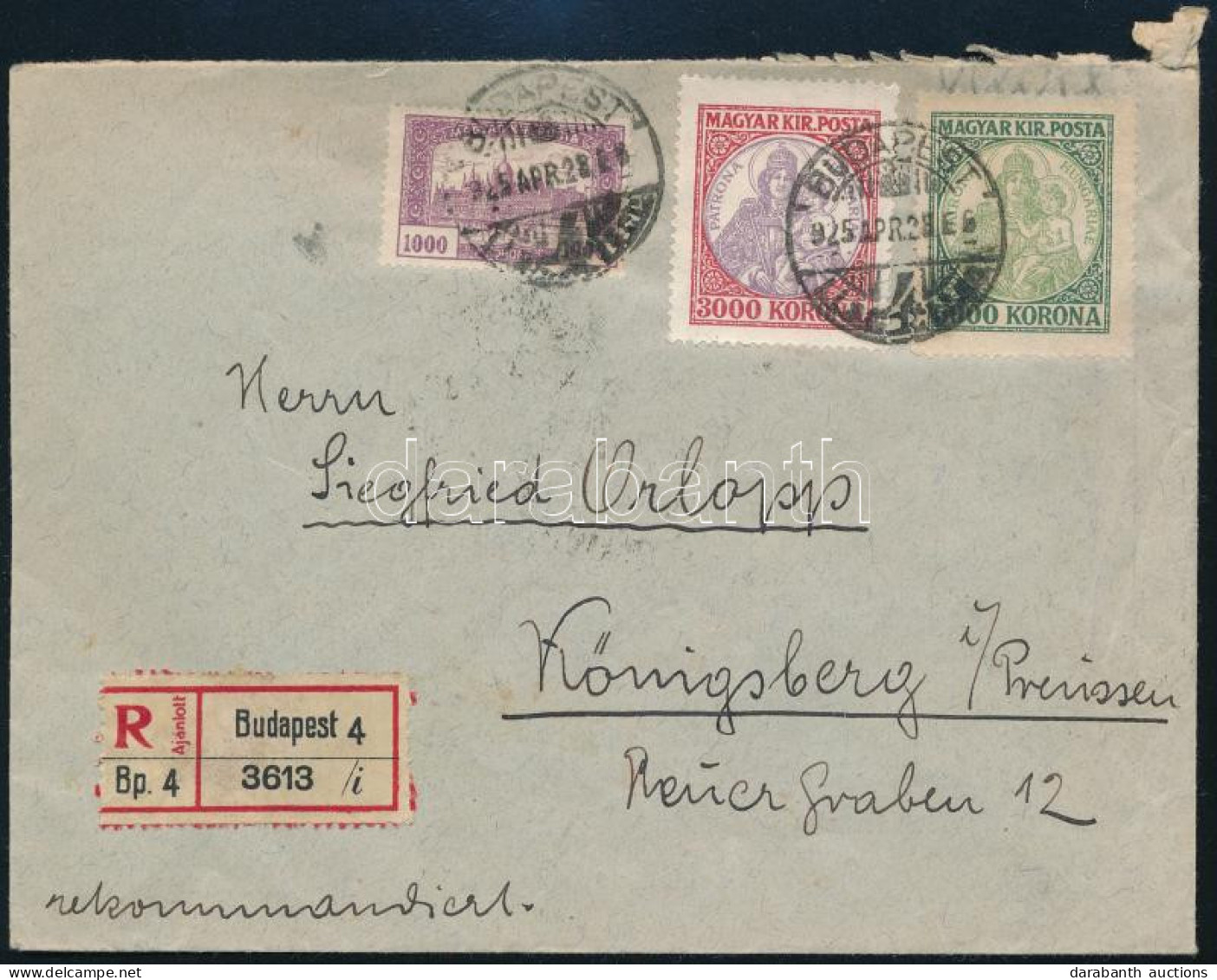 1925 Ajánlott Levél Königsbergbe 9.000K Bérmentesítéssel - Altri & Non Classificati